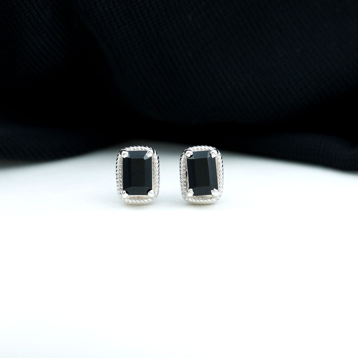 1.2 Carat Emerald Cut Black Onyx Stud Earrings in Silver