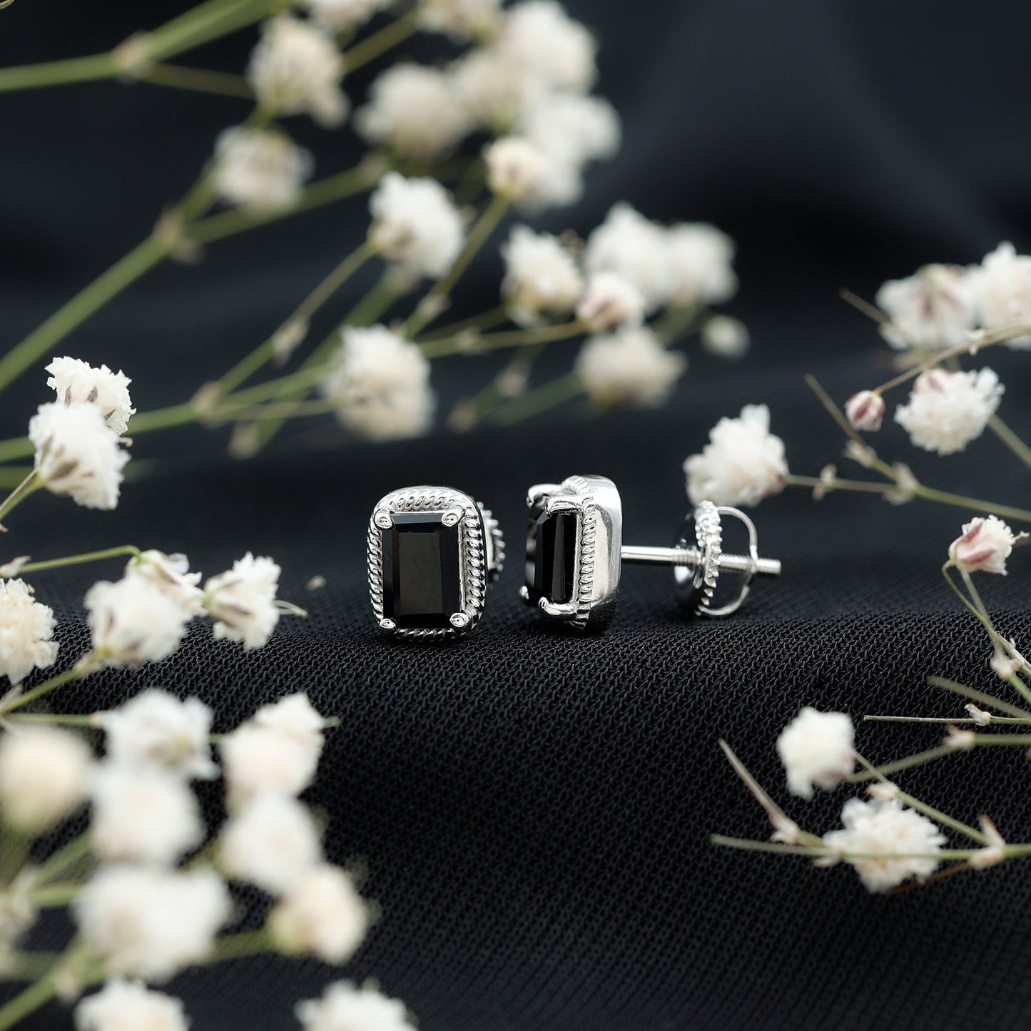 1.2 Carat Emerald Cut Black Onyx Stud Earrings in Silver