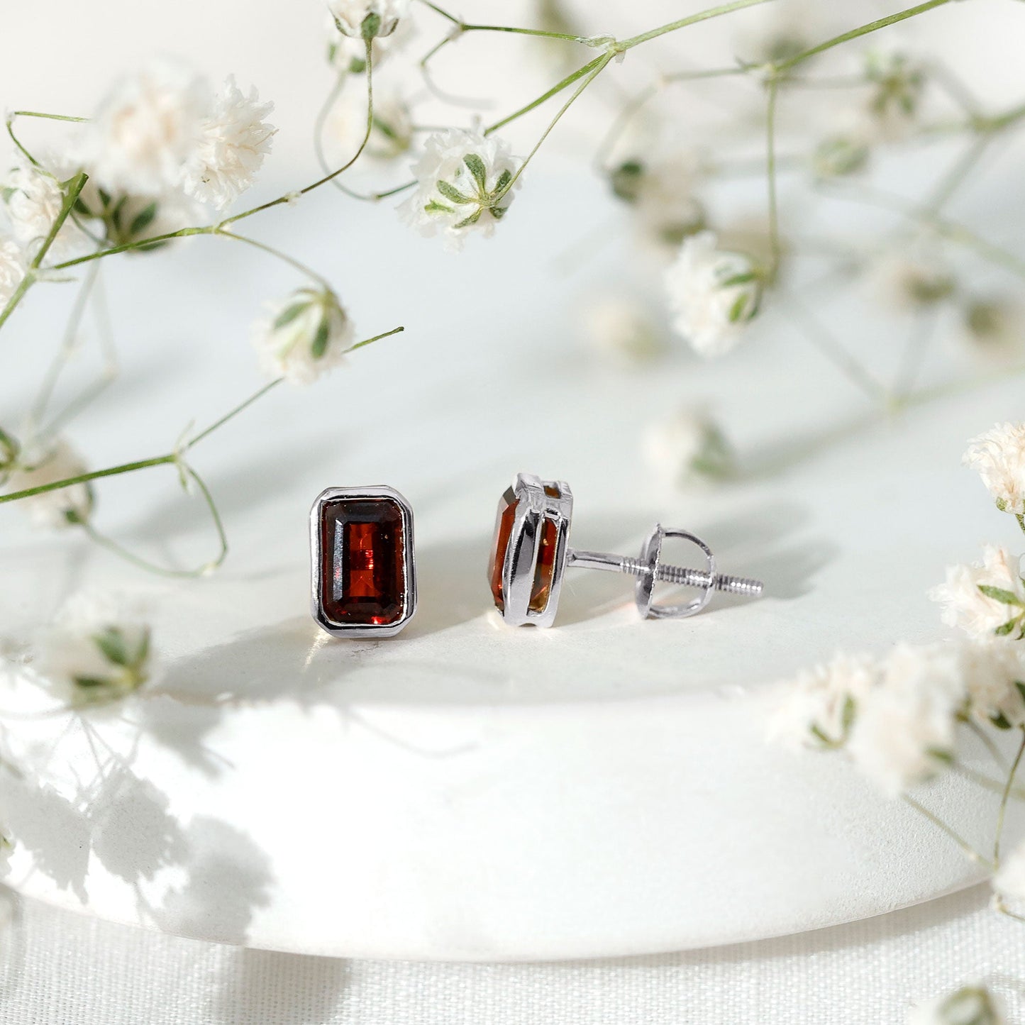 1.5 CT Emerald Cut Garnet Solitaire Stud Earrings in Bezel Setting