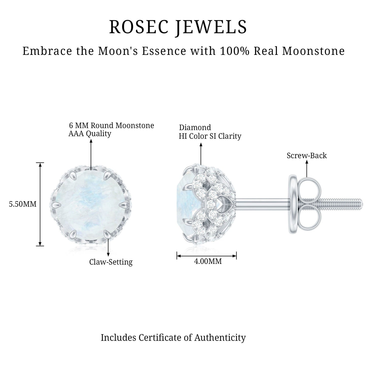Round Cut Genuine Moonstone and Diamond Stud Earrings