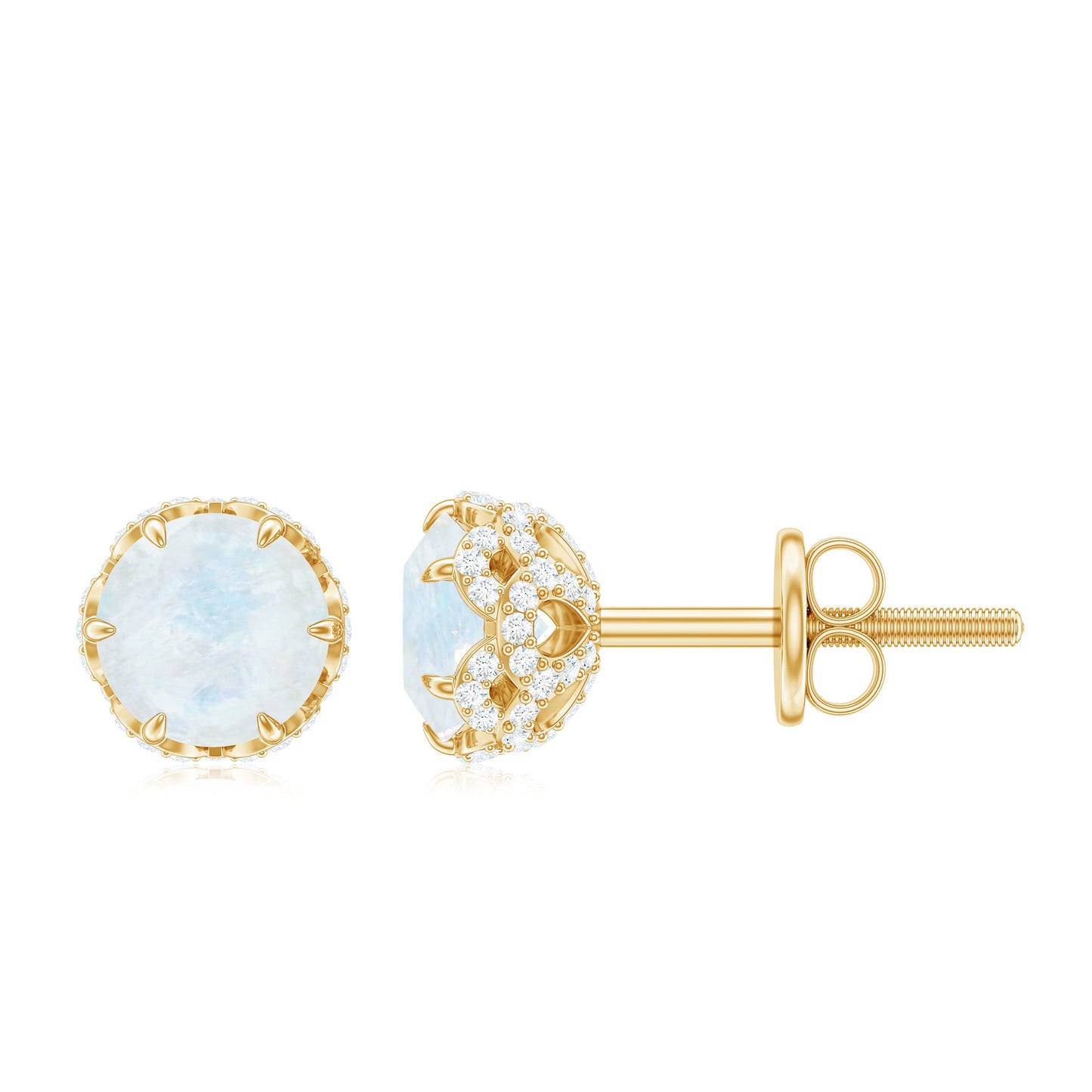 Round Cut Genuine Moonstone and Diamond Stud Earrings