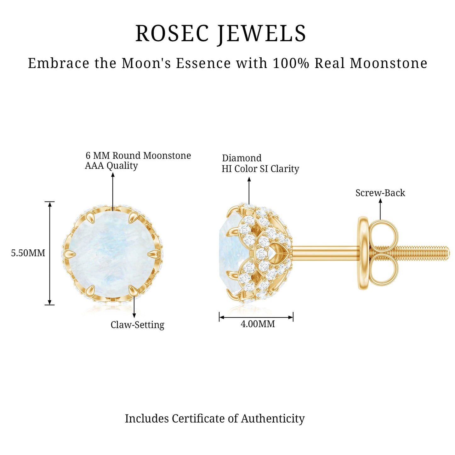 Round Cut Genuine Moonstone and Diamond Stud Earrings