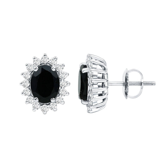 Real 2 Carat Oval Black Onyx Stud Earrings with Moissanite Halo