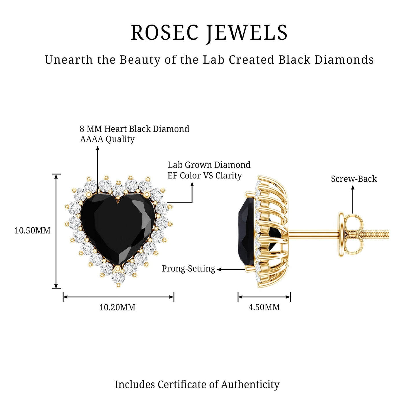 Lab Created Black Diamond Heart Stud Earrings With Moissanite Halo