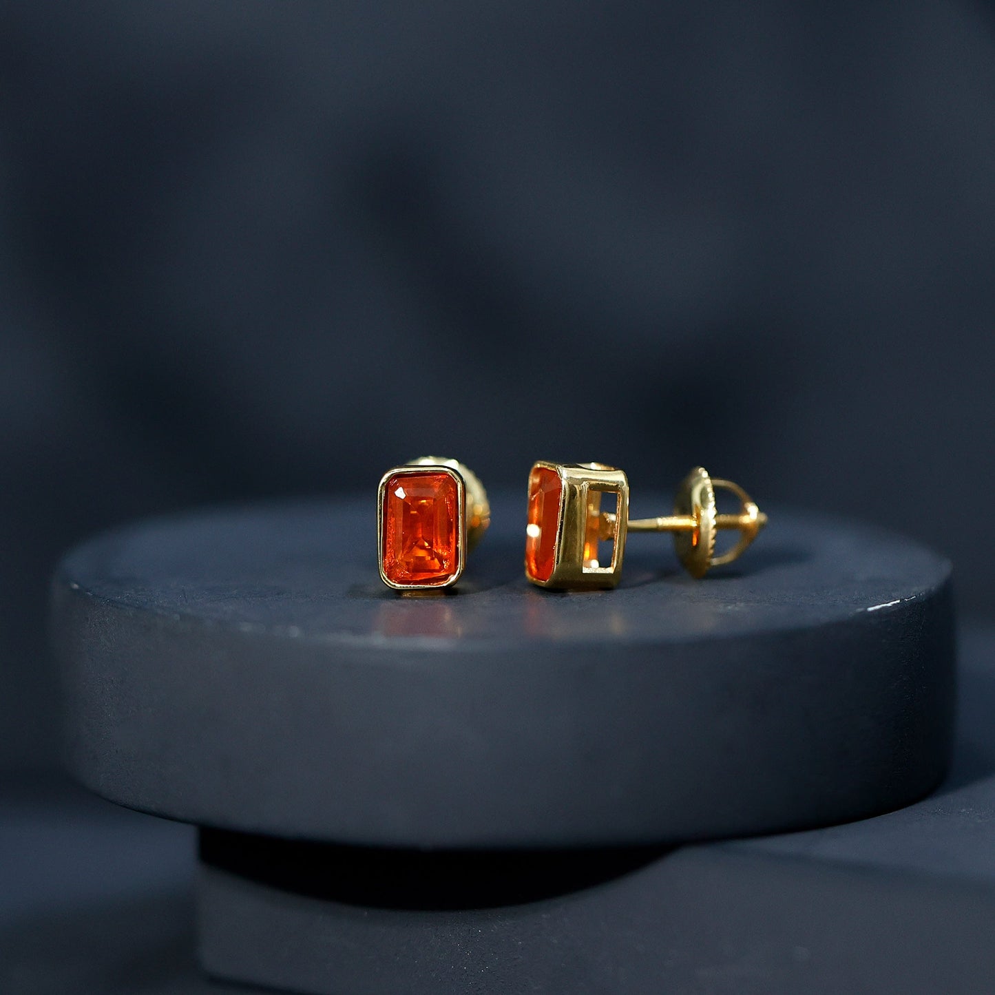 Emerald Cut Stud Earrings with Bezel Set Fire Opal