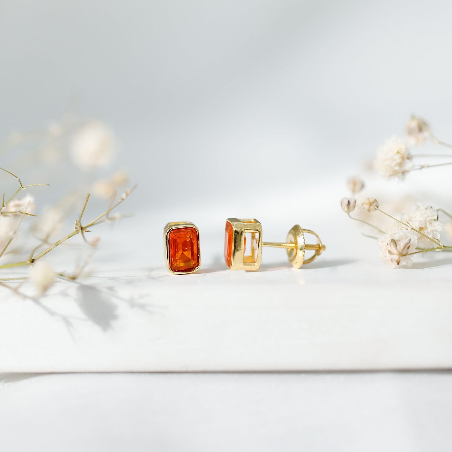 Emerald Cut Stud Earrings with Bezel Set Fire Opal