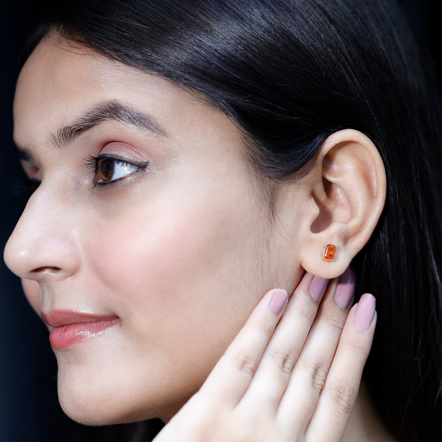 Emerald Cut Stud Earrings with Bezel Set Fire Opal
