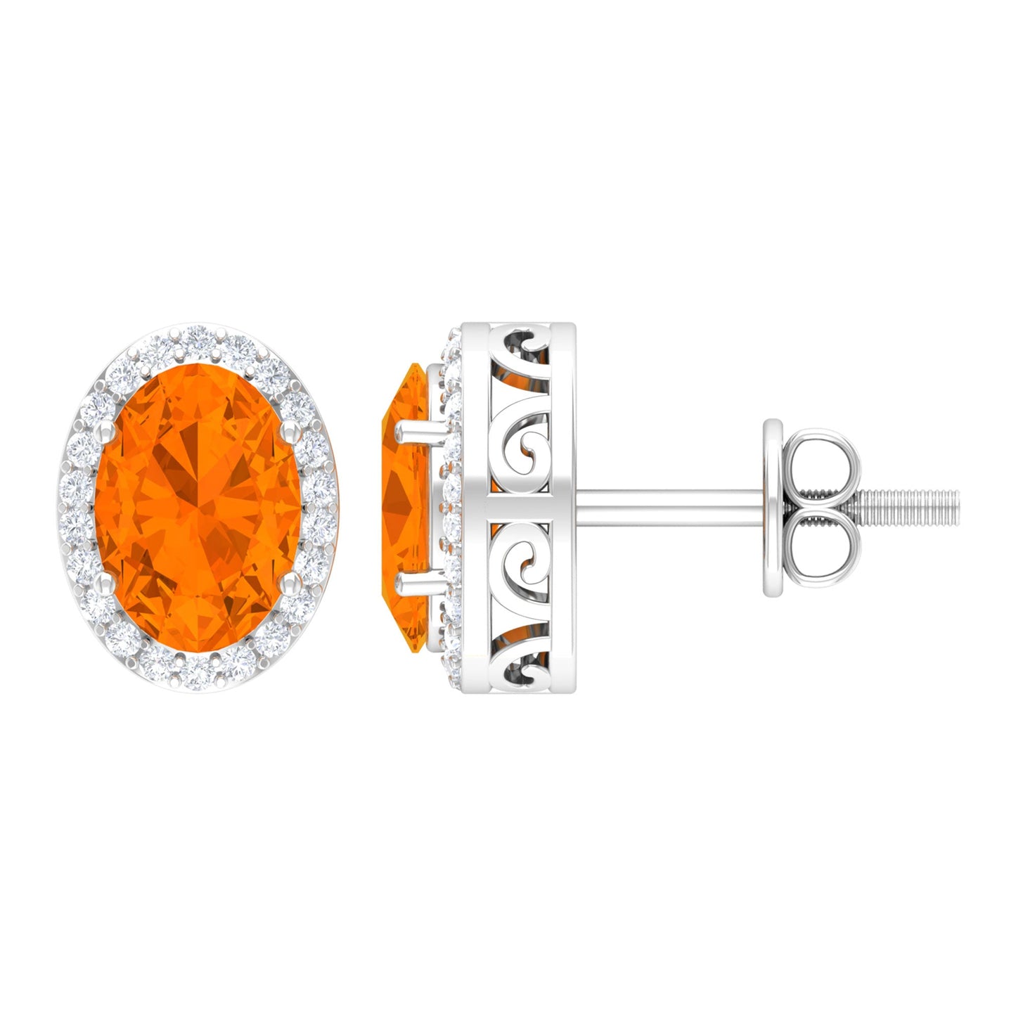 1.3 Carat Oval Cut Fire Opal and Diamond Halo Stud Earrings