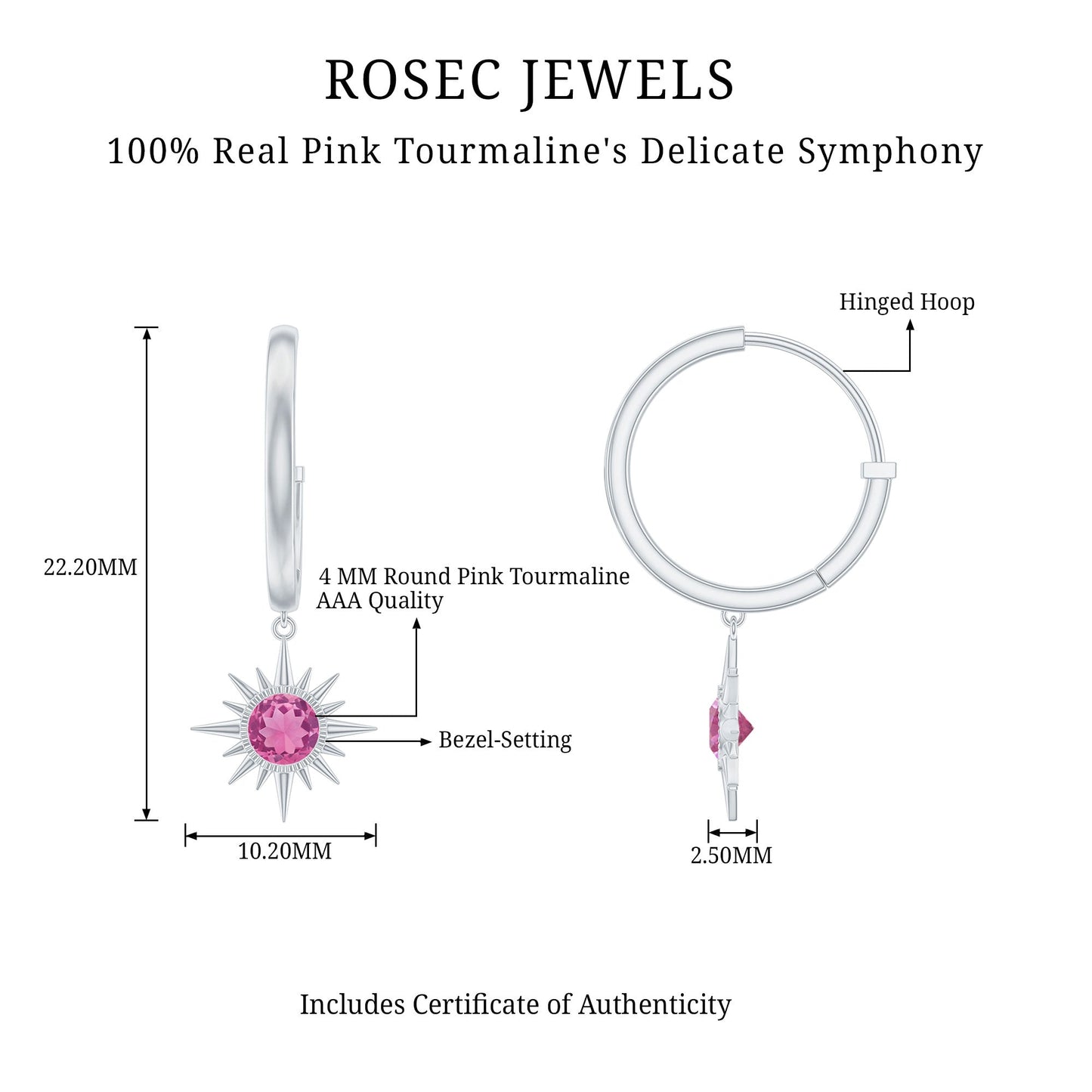 4MM Round Shape Pink Tourmaline Sunburst Hoop Drop Earrings