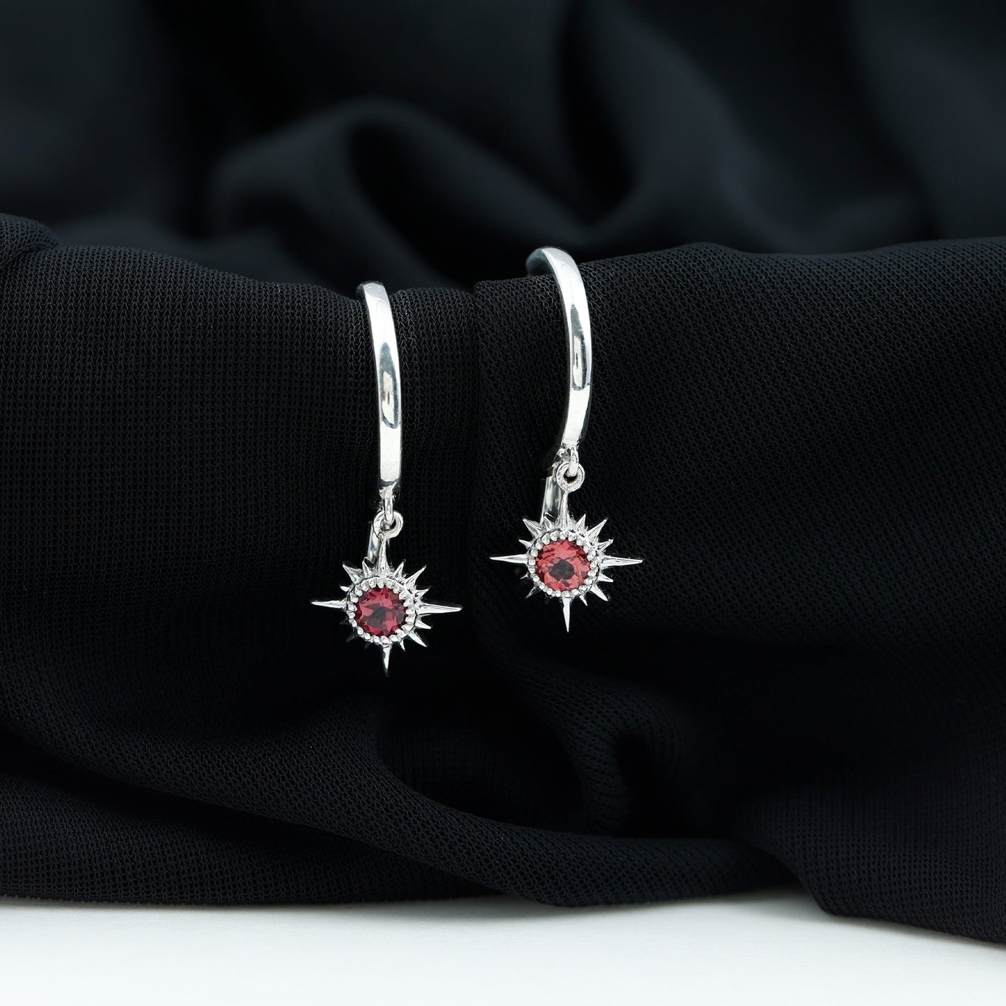 4MM Round Shape Pink Tourmaline Sunburst Hoop Drop Earrings