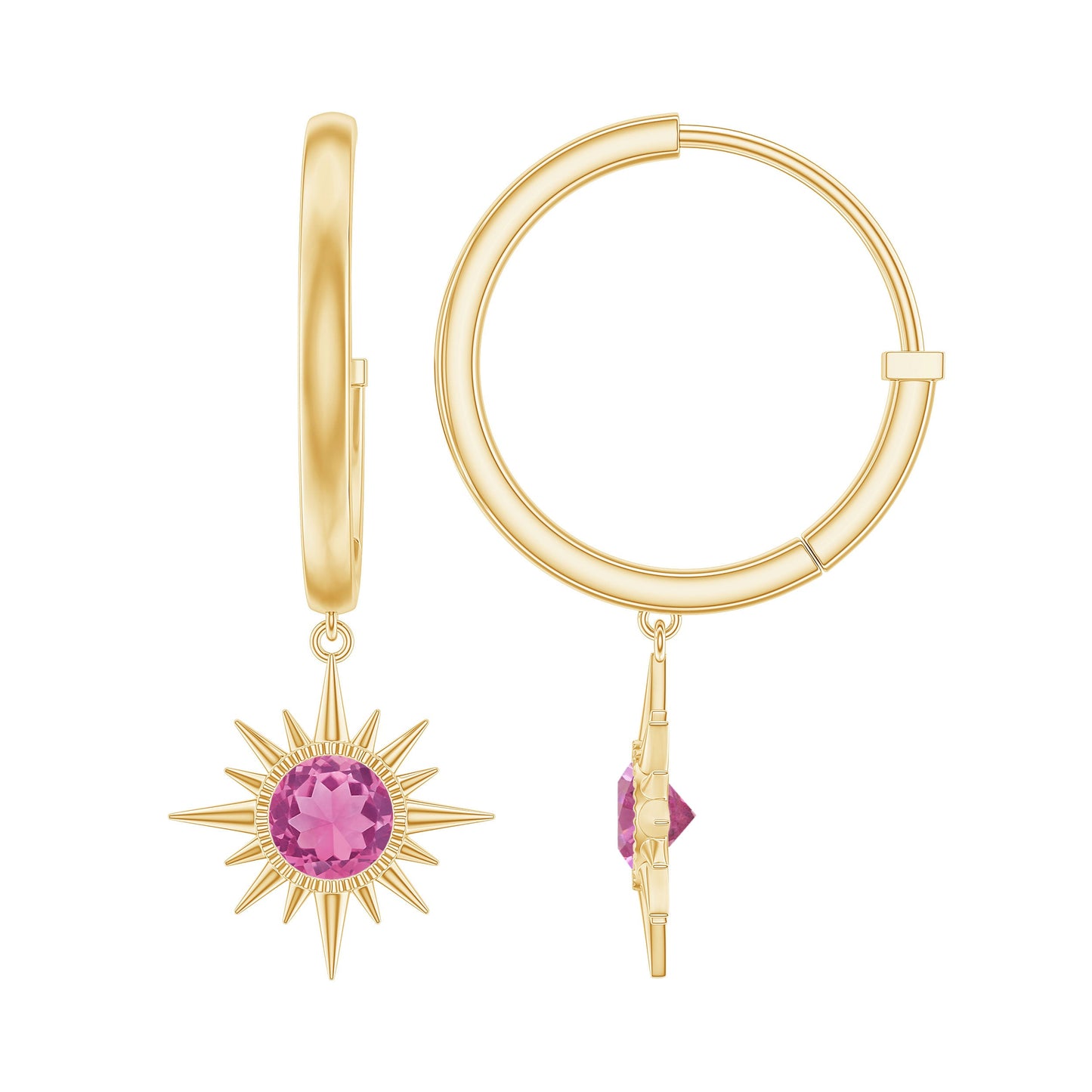 4MM Round Shape Pink Tourmaline Sunburst Hoop Drop Earrings