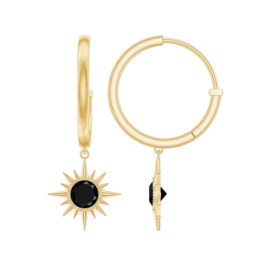 Lab Created Black Diamond Sunburst Hoop Earrings in Bezel Setting