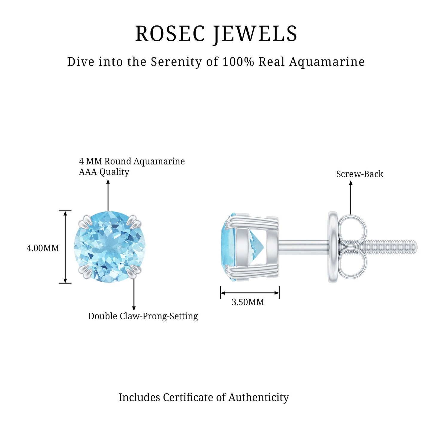 4MM Genuine Aquamarine Solitaire Stud Earrings in Double Claw Prong Setting
