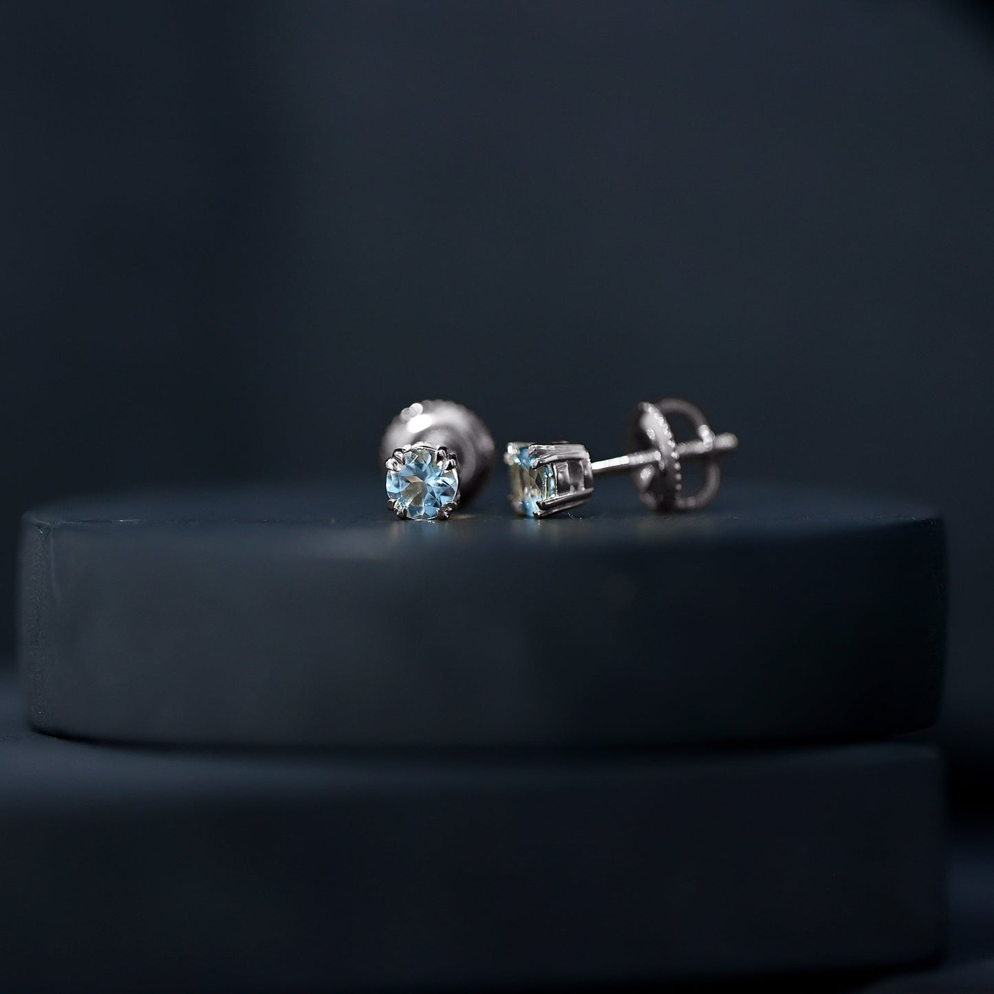 4MM Genuine Aquamarine Solitaire Stud Earrings in Double Claw Prong Setting