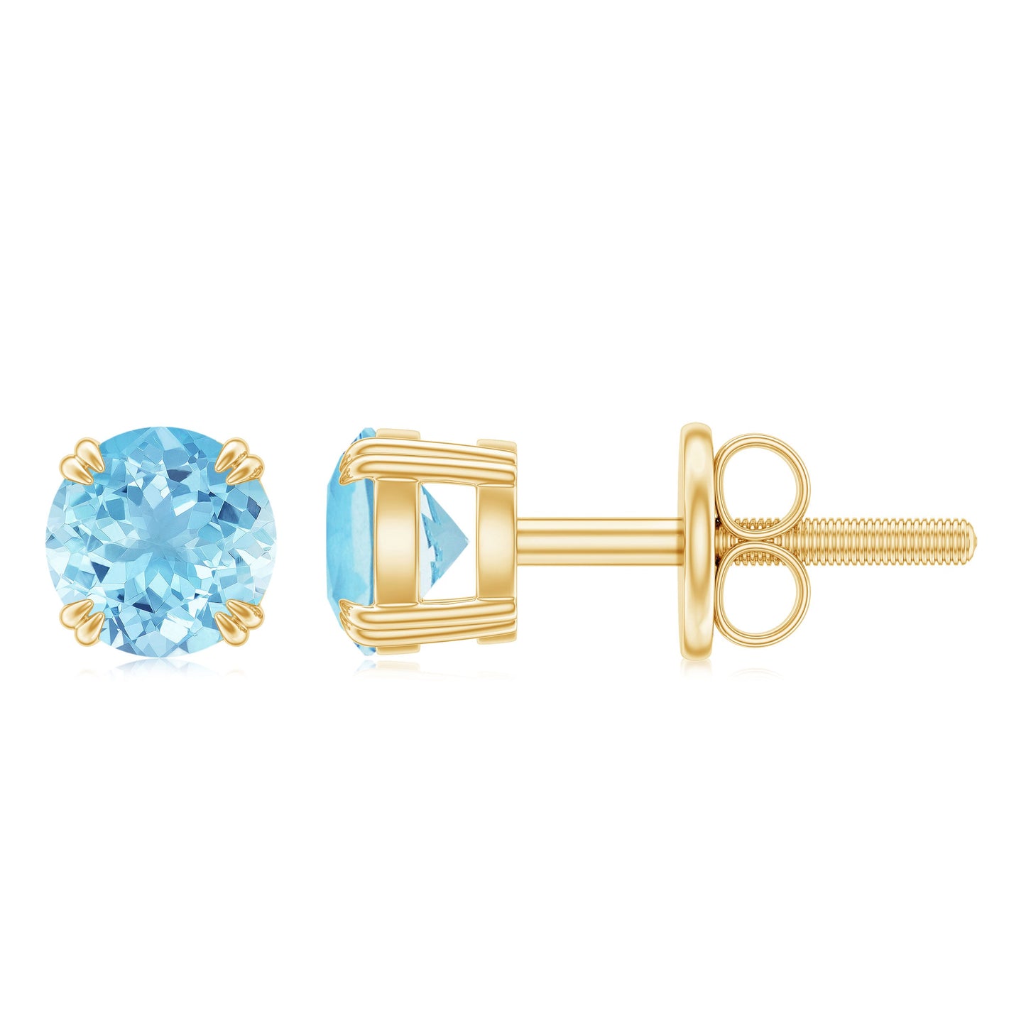 4MM Genuine Aquamarine Solitaire Stud Earrings in Double Claw Prong Setting