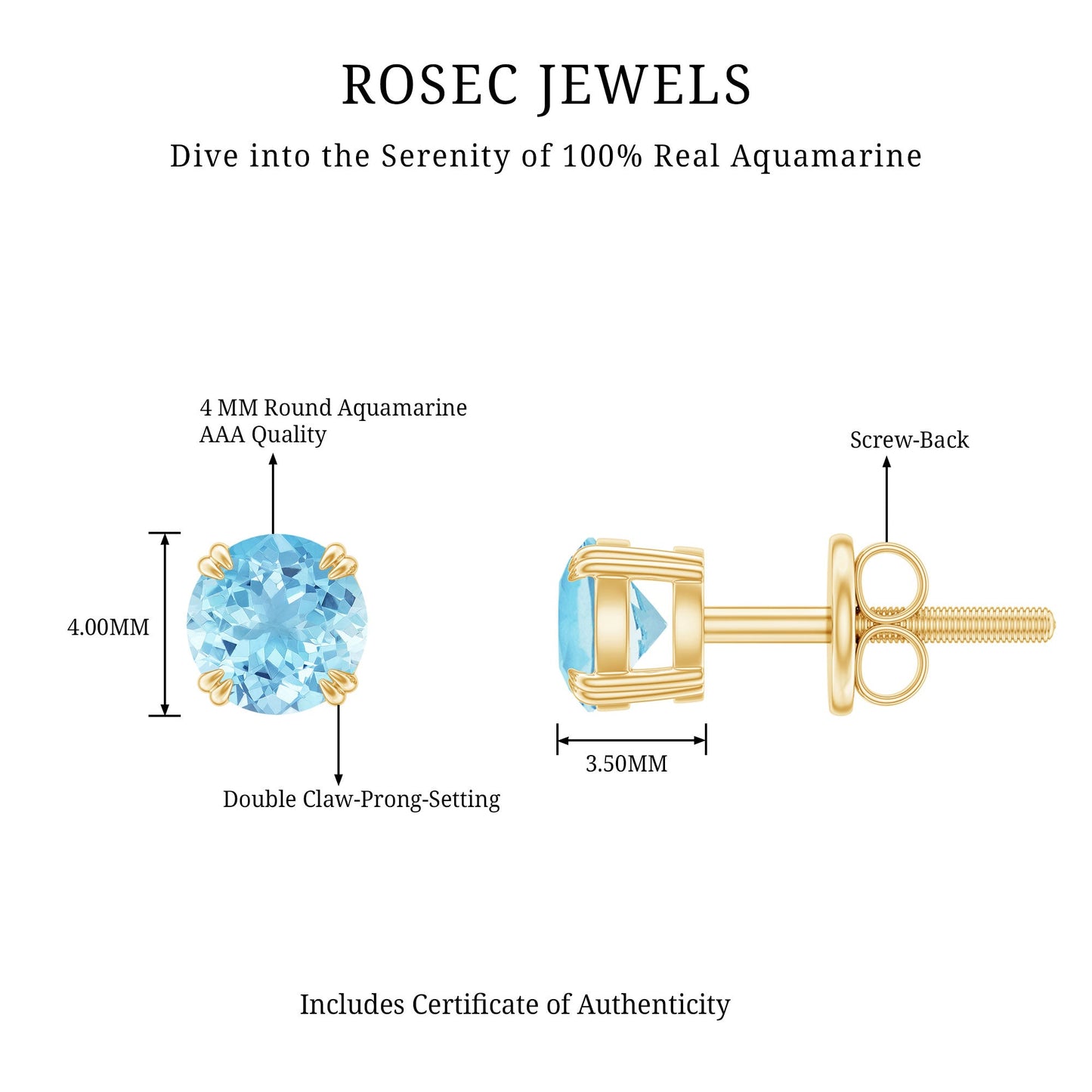 4MM Genuine Aquamarine Solitaire Stud Earrings in Double Claw Prong Setting