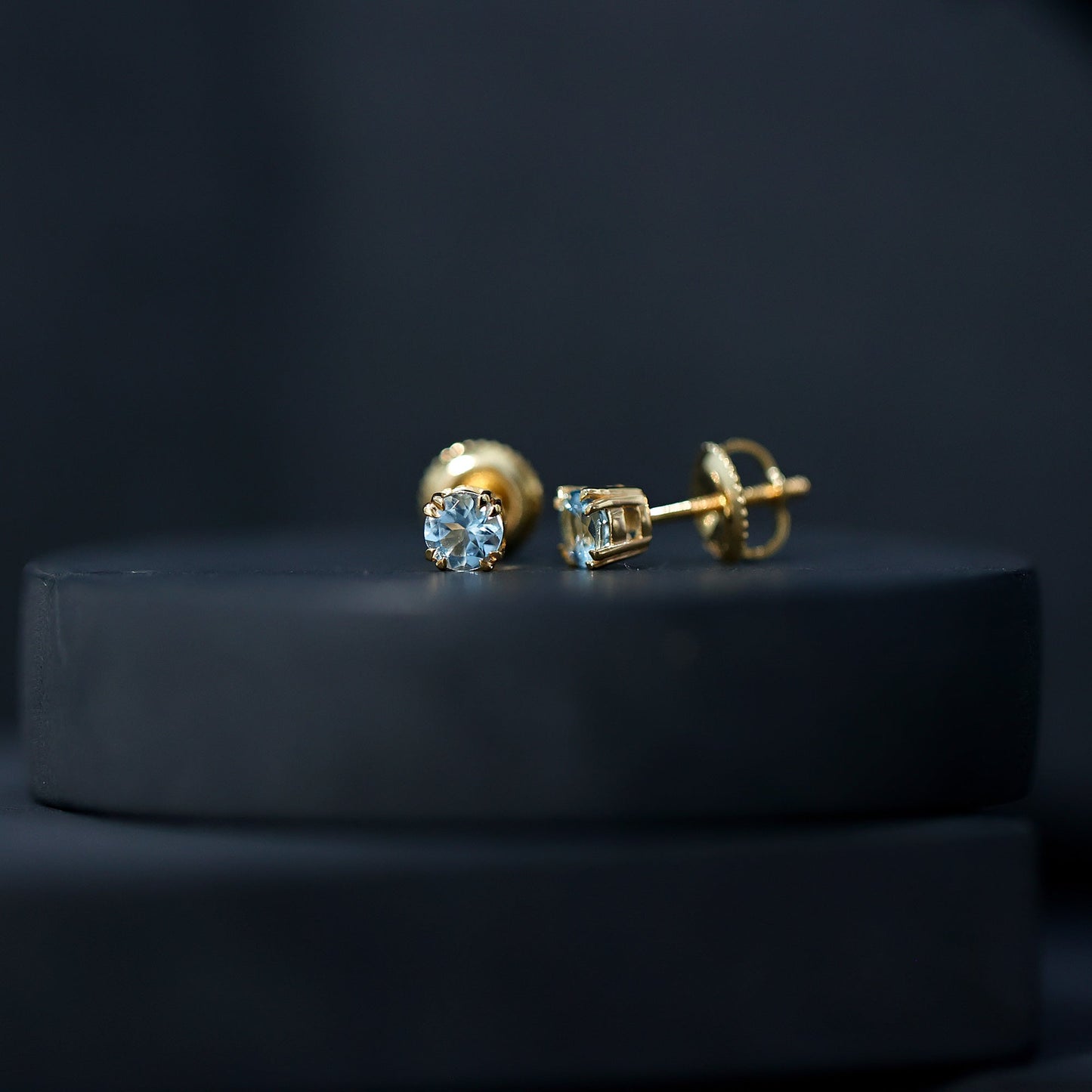 4MM Genuine Aquamarine Solitaire Stud Earrings in Double Claw Prong Setting