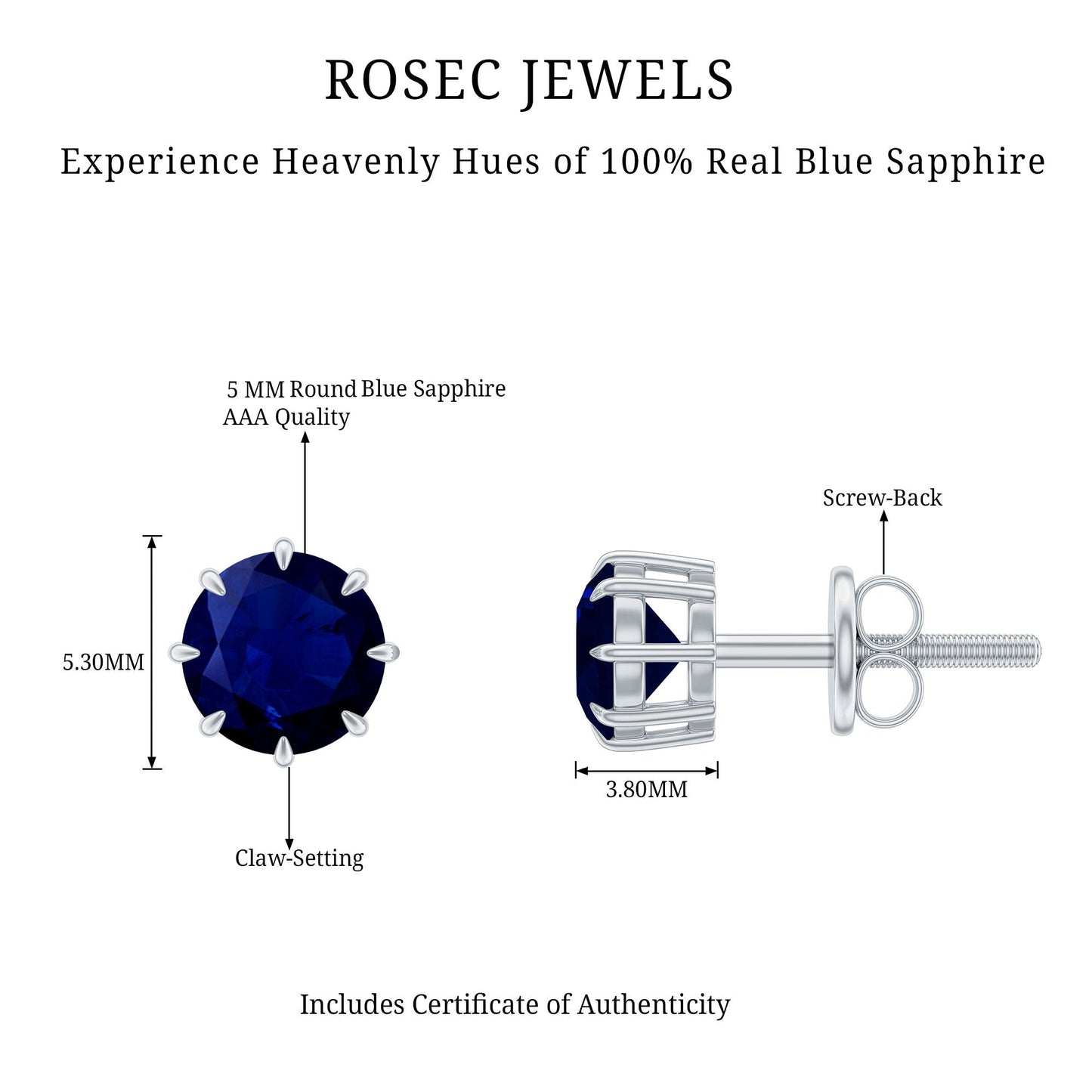 Natural 1.9 Carat Blue Sapphire Solitaire Stud Earrings