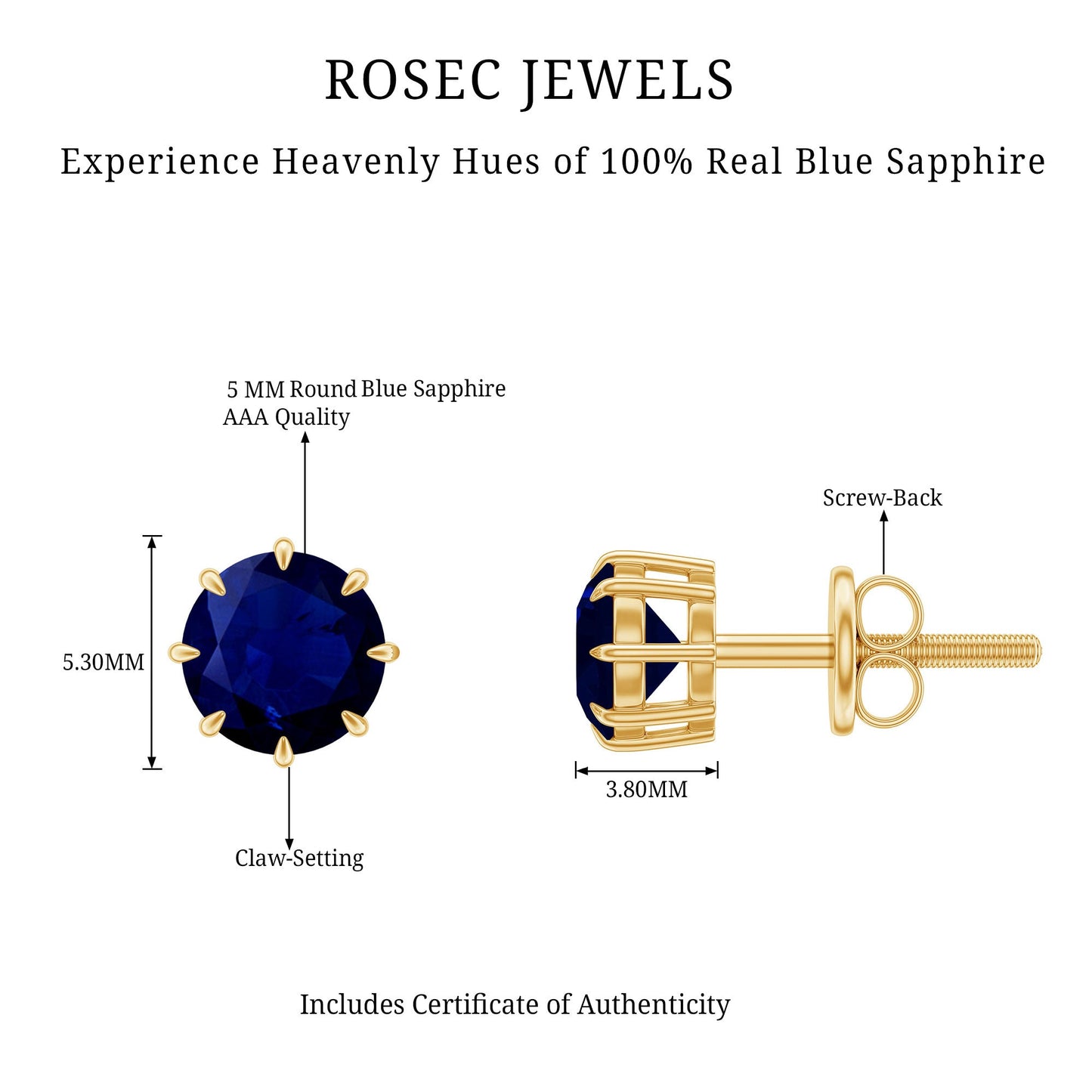 Natural 1.9 Carat Blue Sapphire Solitaire Stud Earrings
