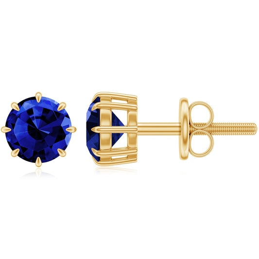 Lab Created Round Blue Sapphire Solitaire Stud Earrings in Claw Setting