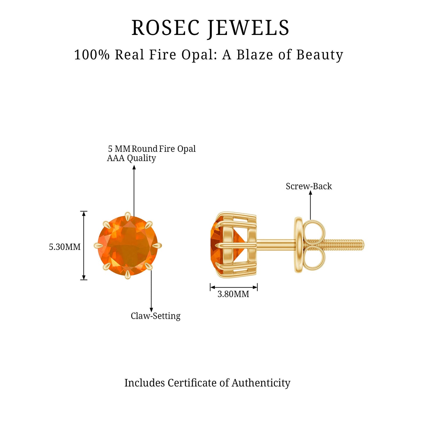 Natural Fire Opal Solitaire Stud Earrings for Women