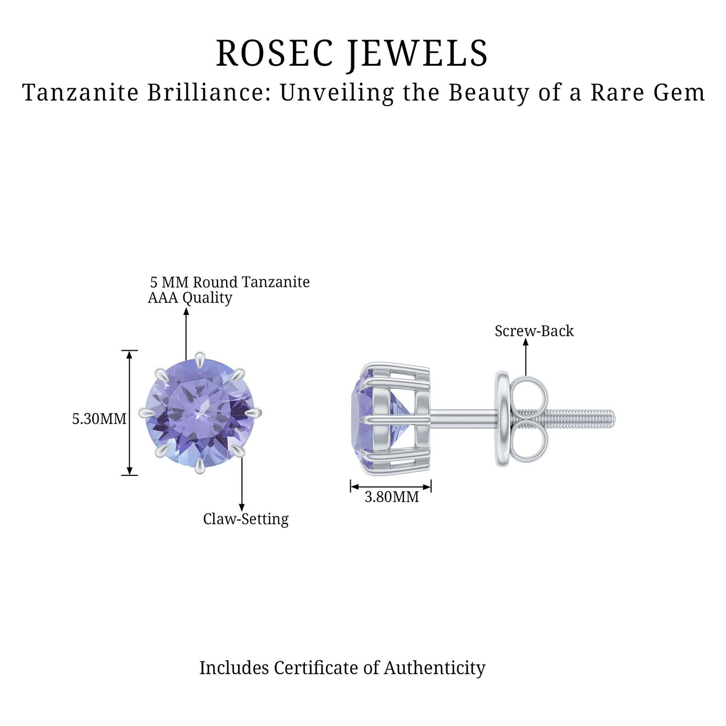 1 Carat Natural Tanzanite Round Stud Earrings for Women