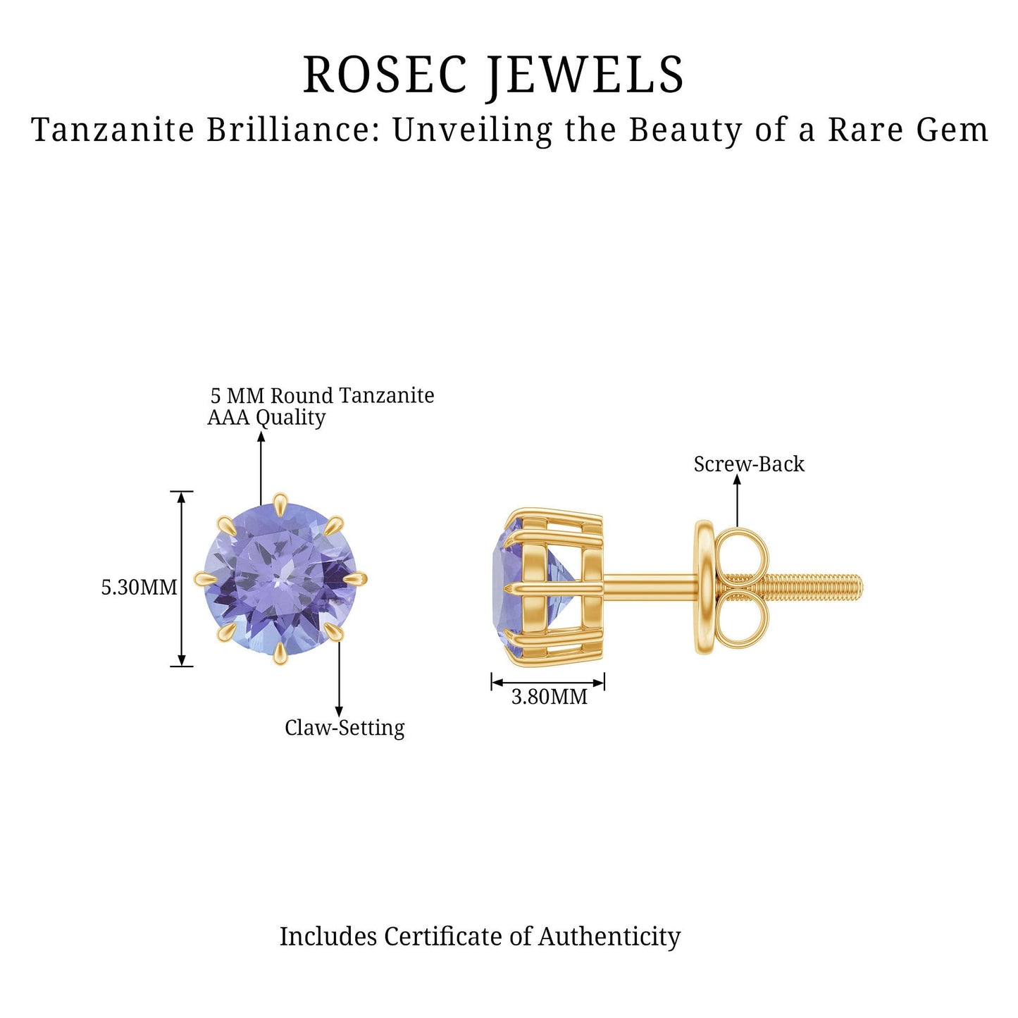 1 Carat Natural Tanzanite Round Stud Earrings for Women