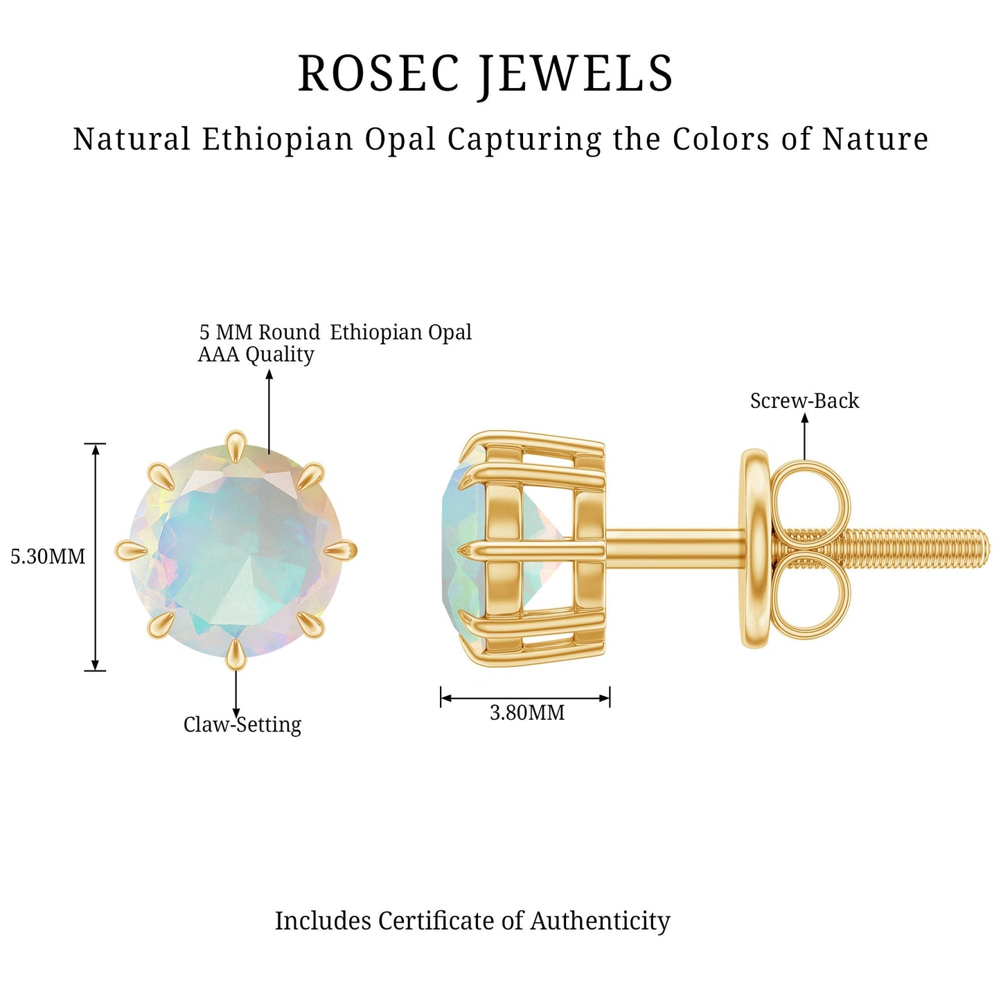 1 Carat Natural Ethiopian Opal Solitaire Stud Earrings
