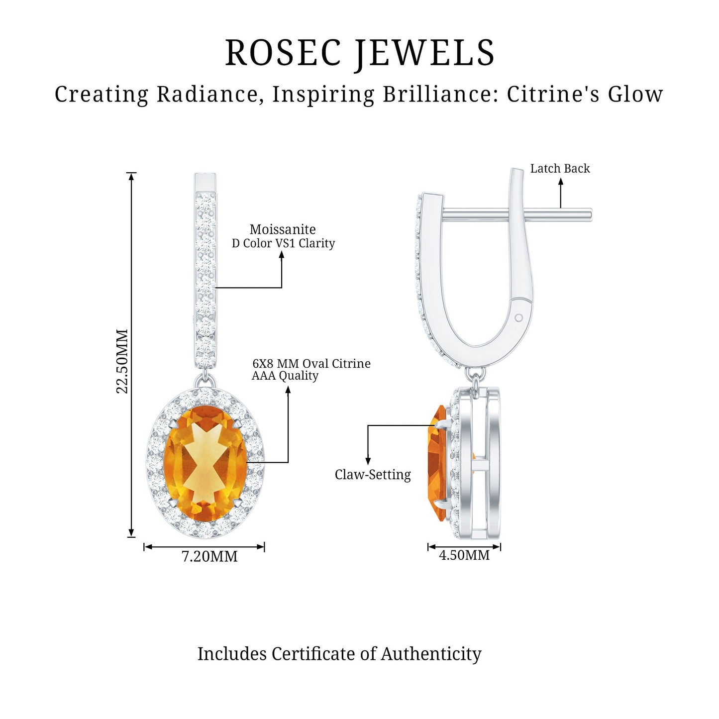 Genuine 6X8mm Oval Citrine Drop Earrings with Latch Back