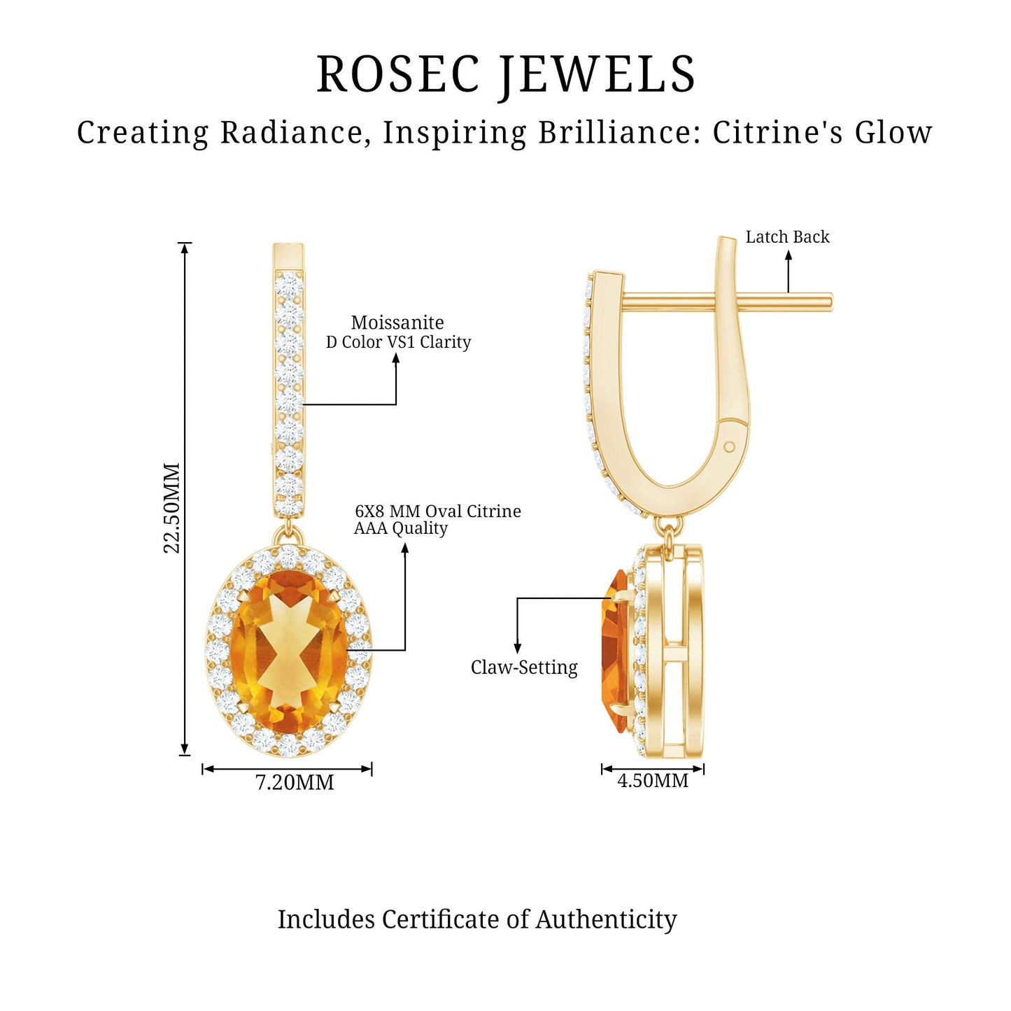Genuine 6X8mm Oval Citrine Drop Earrings with Latch Back
