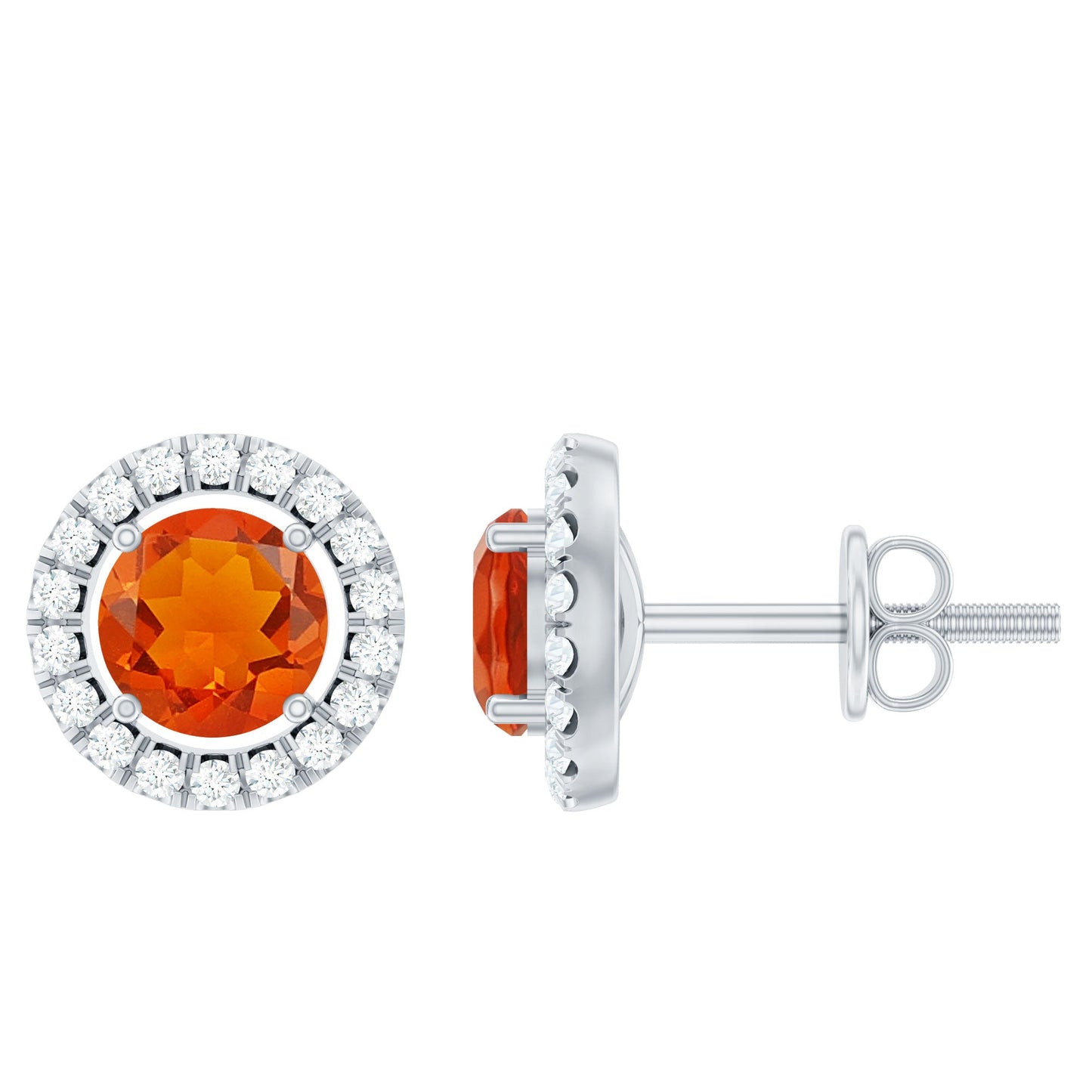 Natural Orange Fire Opal Stud Earrings With Diamonds