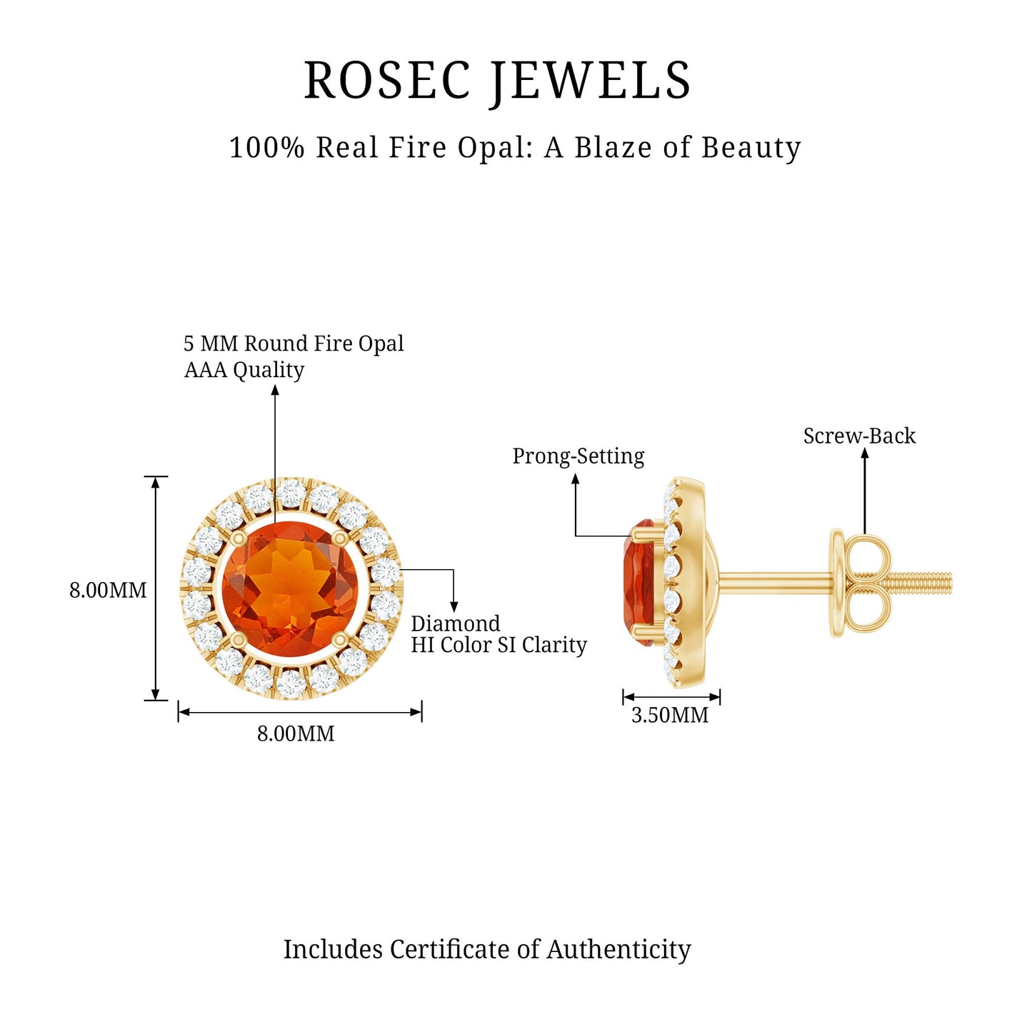 Natural Orange Fire Opal Stud Earrings With Diamonds