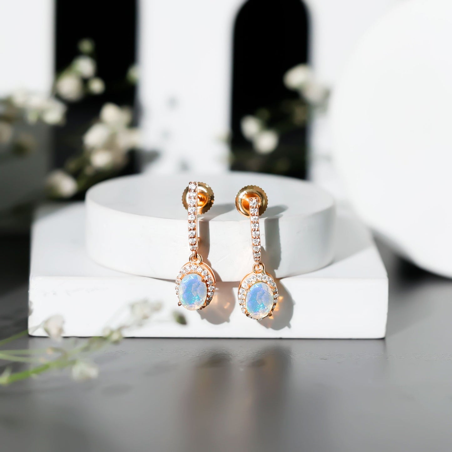 Natural Ethiopian Opal Hoop Drop Earrings with Moissanite