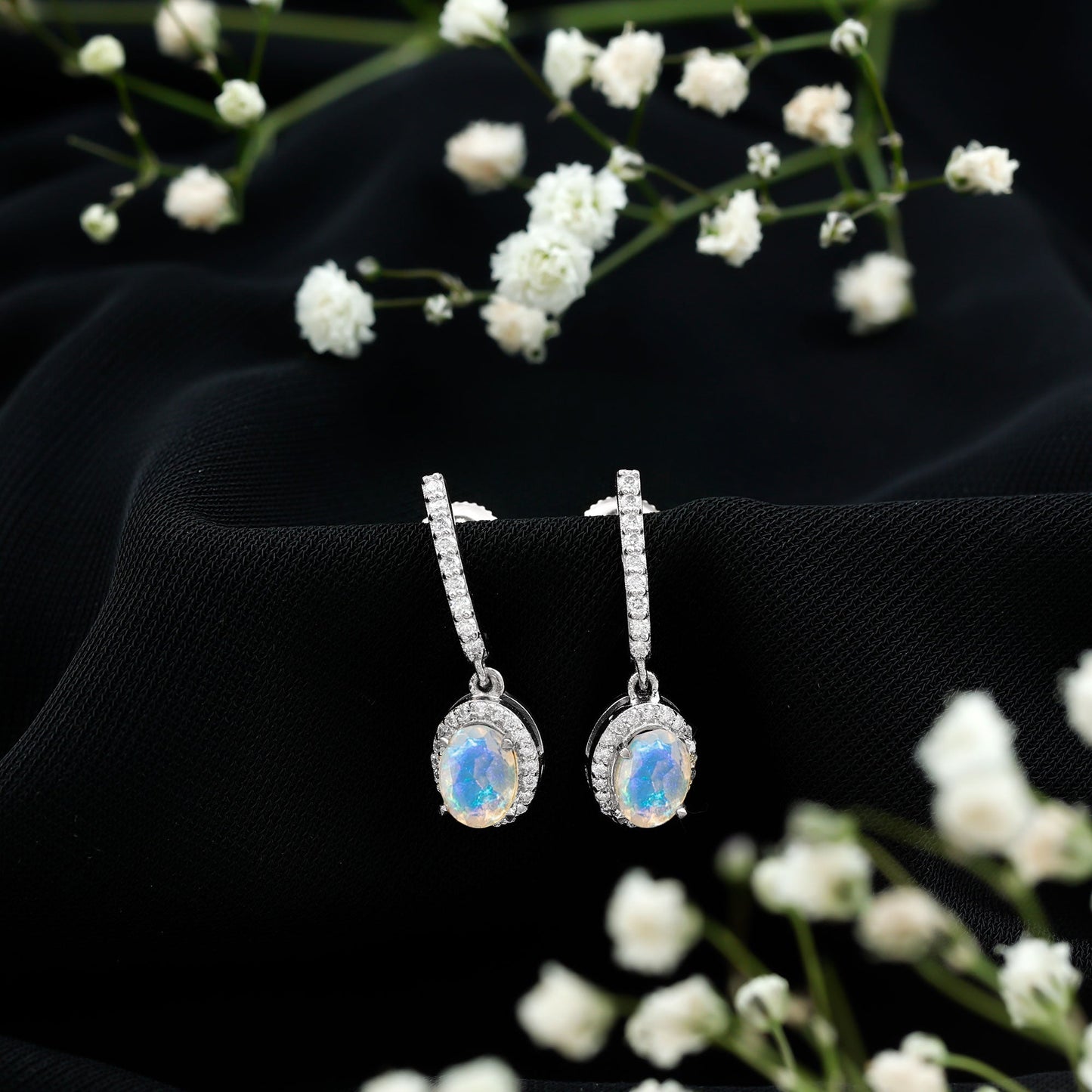 Natural Ethiopian Opal Hoop Drop Earrings with Moissanite