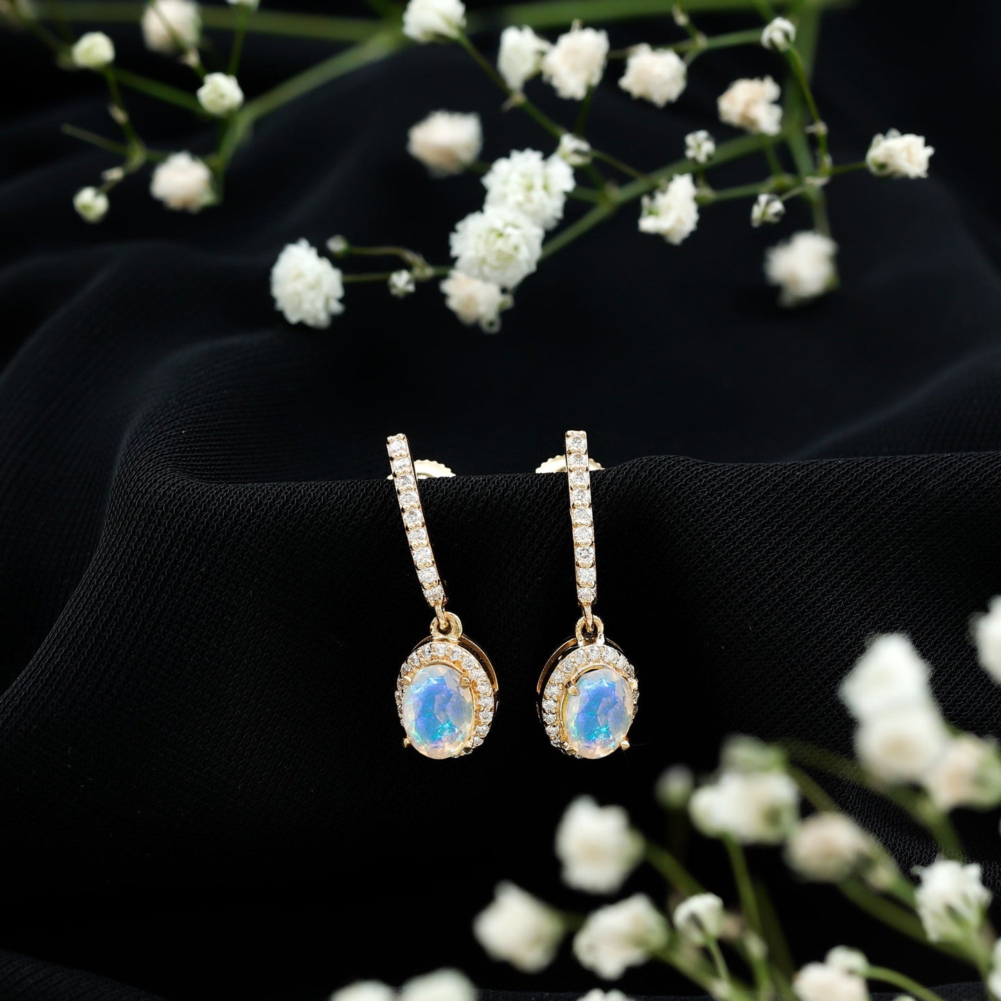 Natural Ethiopian Opal Hoop Drop Earrings with Moissanite