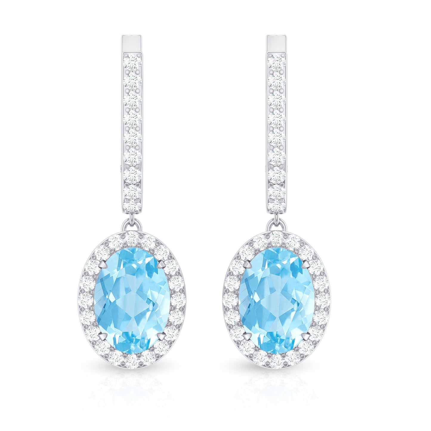 Natural 6X8mm Oval Aquamarine Drop Earrings with Diamond Halo