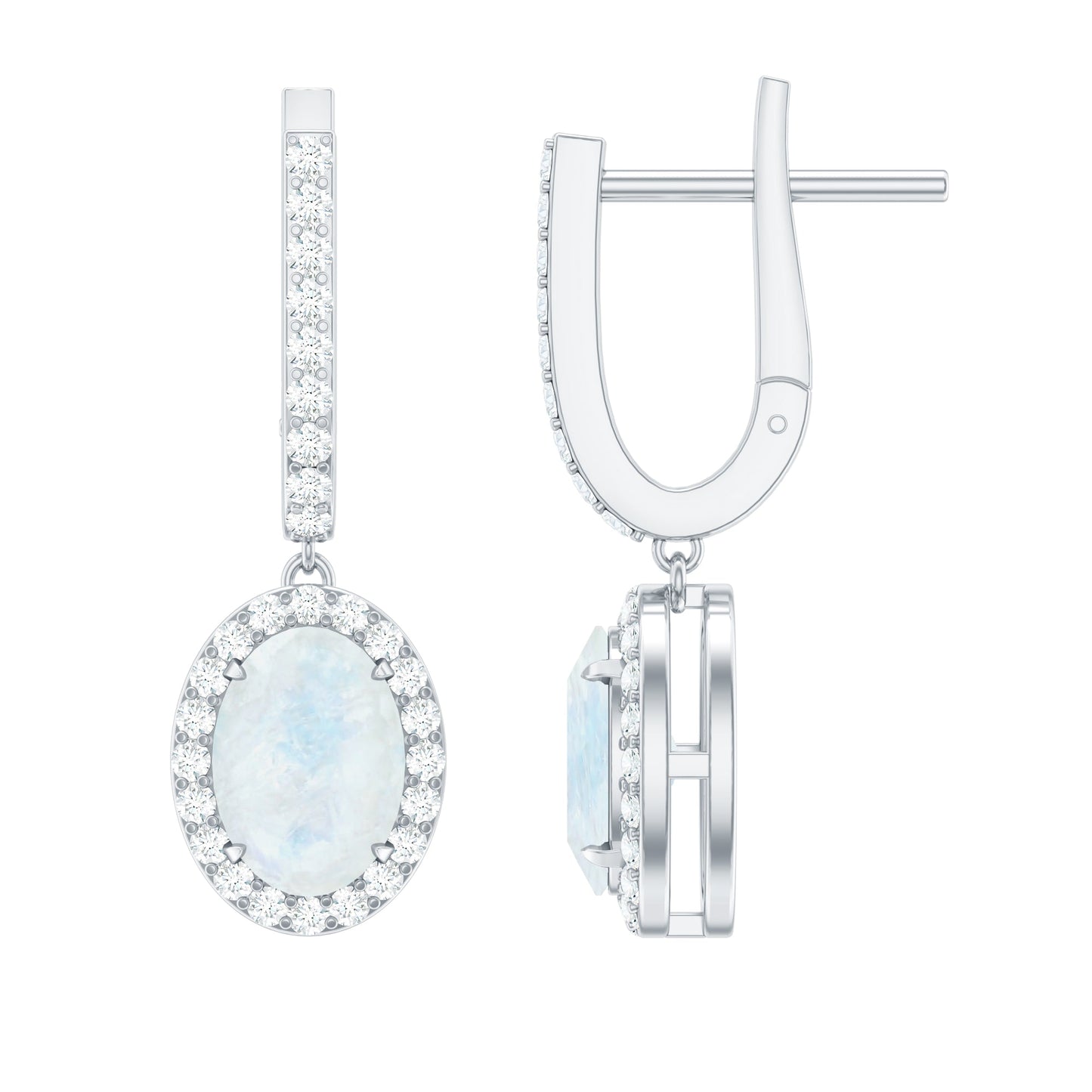 Genuine 1.2 Carat Oval Moonstone Drop Hoop Earrings with Diamond