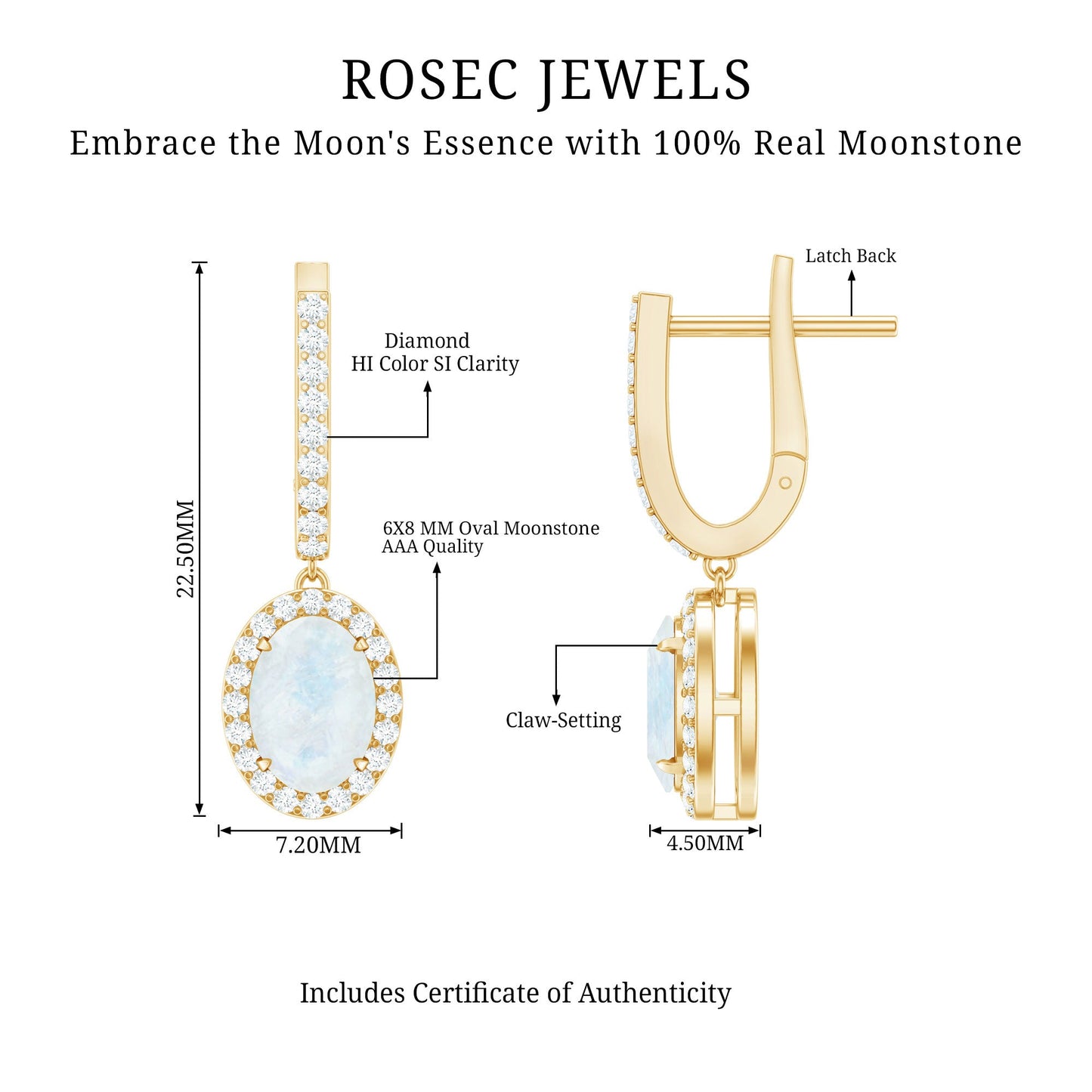 Genuine 1.2 Carat Oval Moonstone Drop Hoop Earrings with Diamond