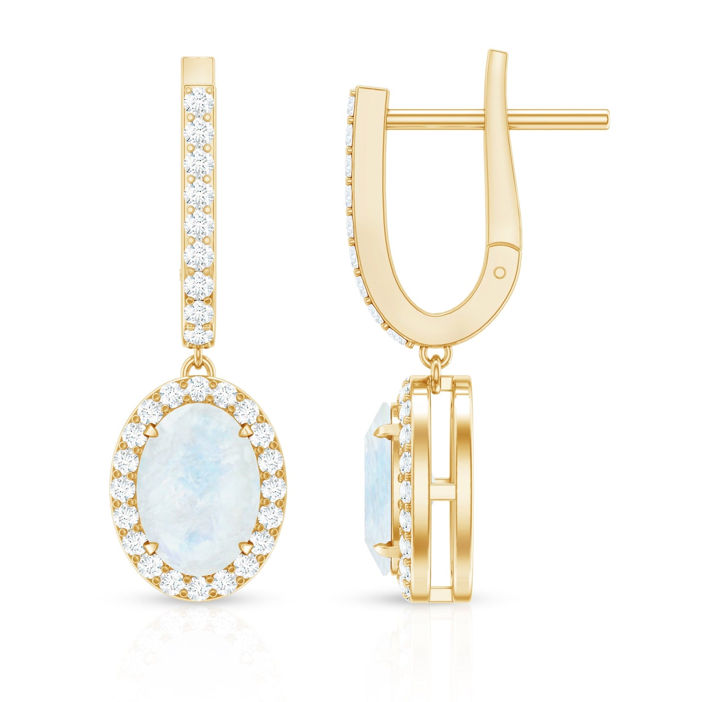 Genuine 1.2 Carat Oval Moonstone Drop Hoop Earrings with Diamond