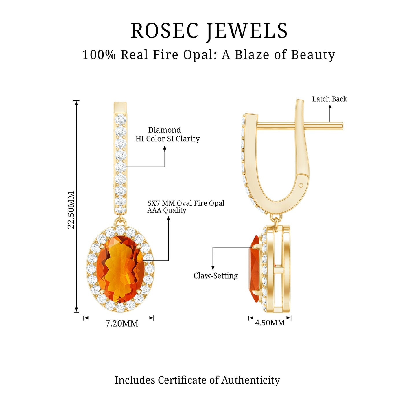 Natural 5X7mm Oval Fire Opal Diamond Drop Earrings with Latch Back