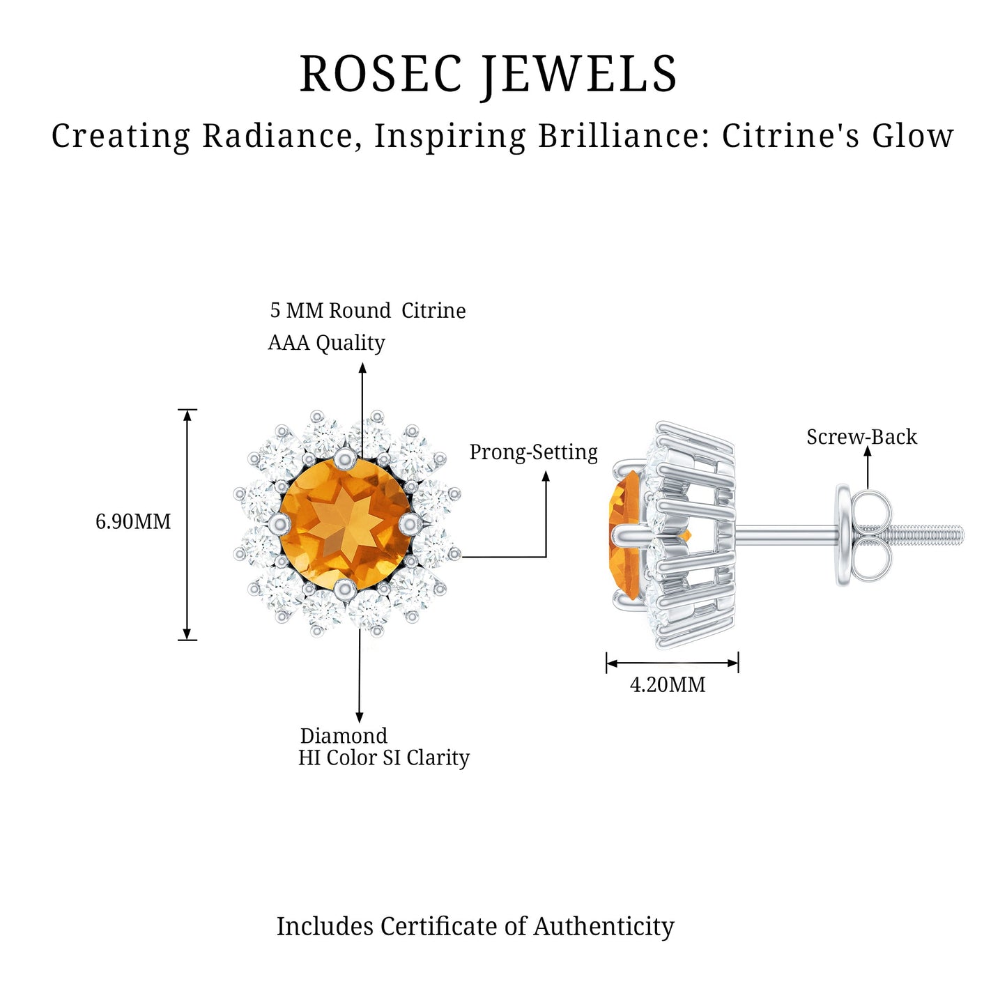 Genuine Citrine Diamond Earrings with Screw Back