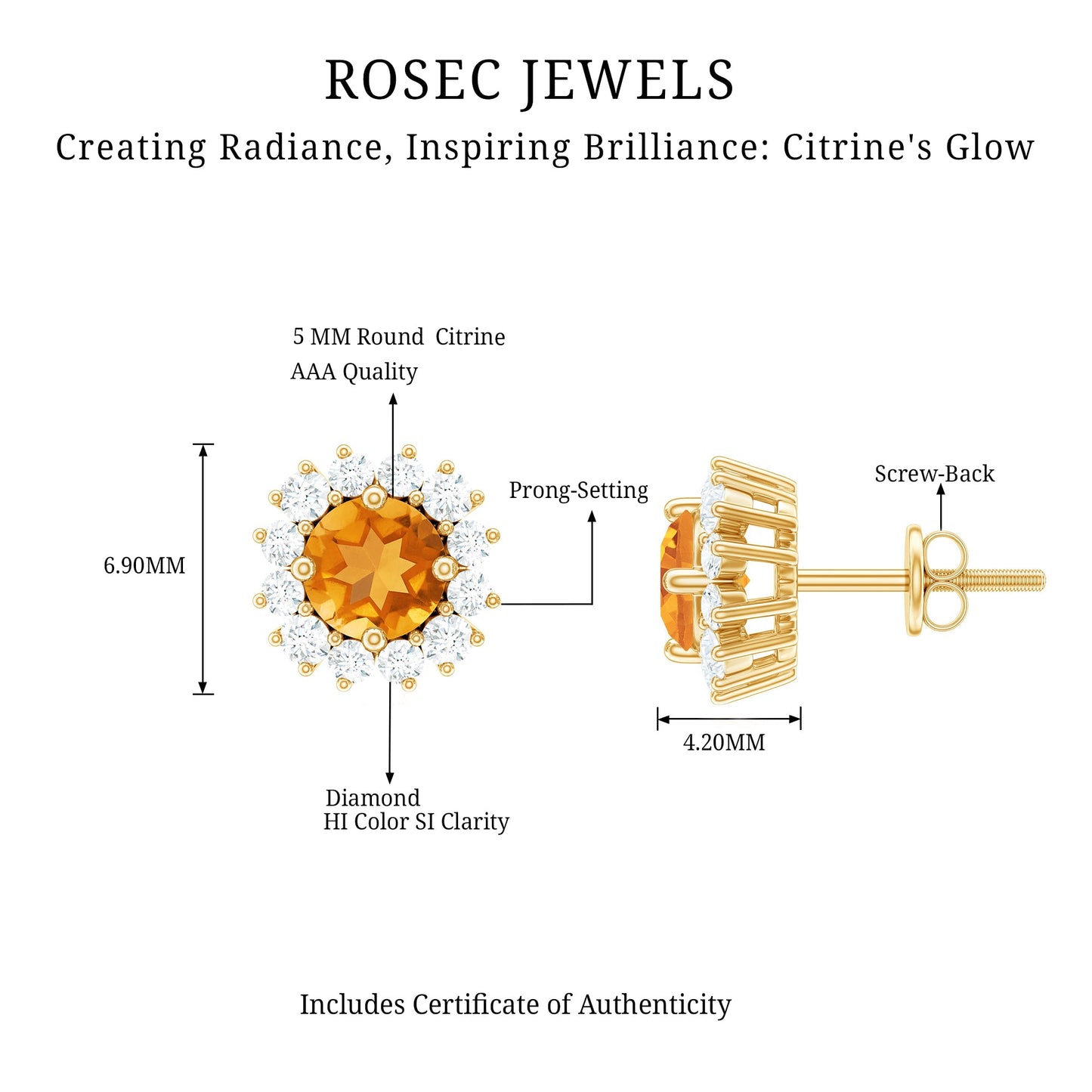 Genuine Citrine Diamond Earrings with Screw Back