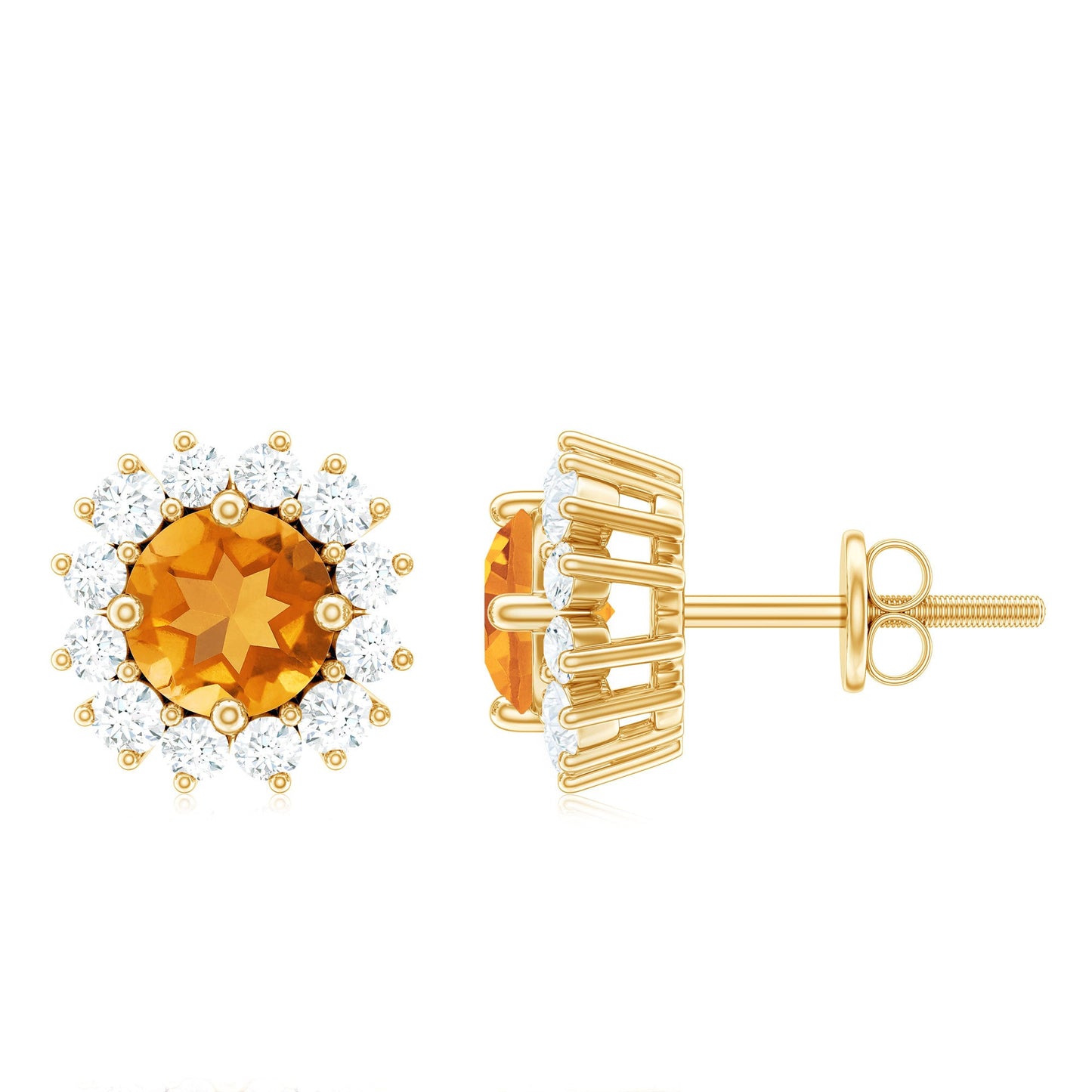 Genuine Citrine Diamond Earrings with Screw Back