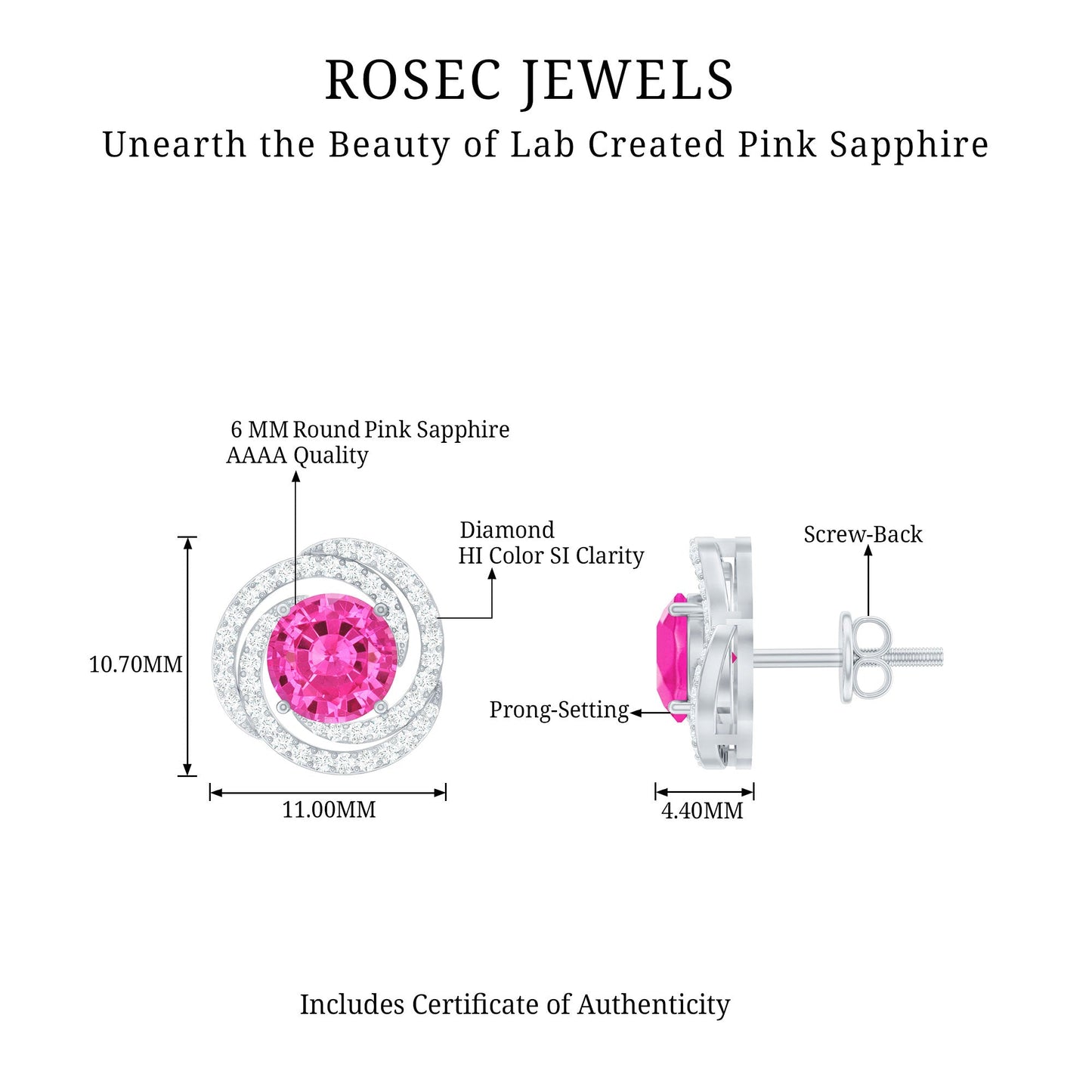2 Carat Lab Created Pink Sapphire and Diamond Swirl Stud Earrings