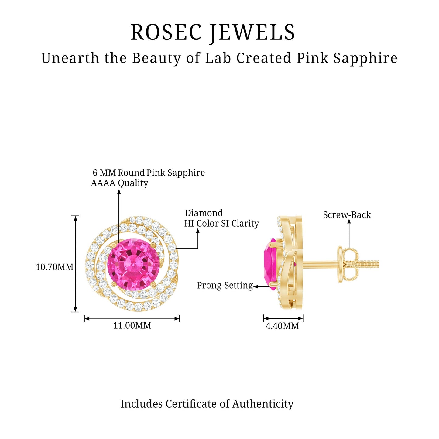 2 Carat Lab Created Pink Sapphire and Diamond Swirl Stud Earrings