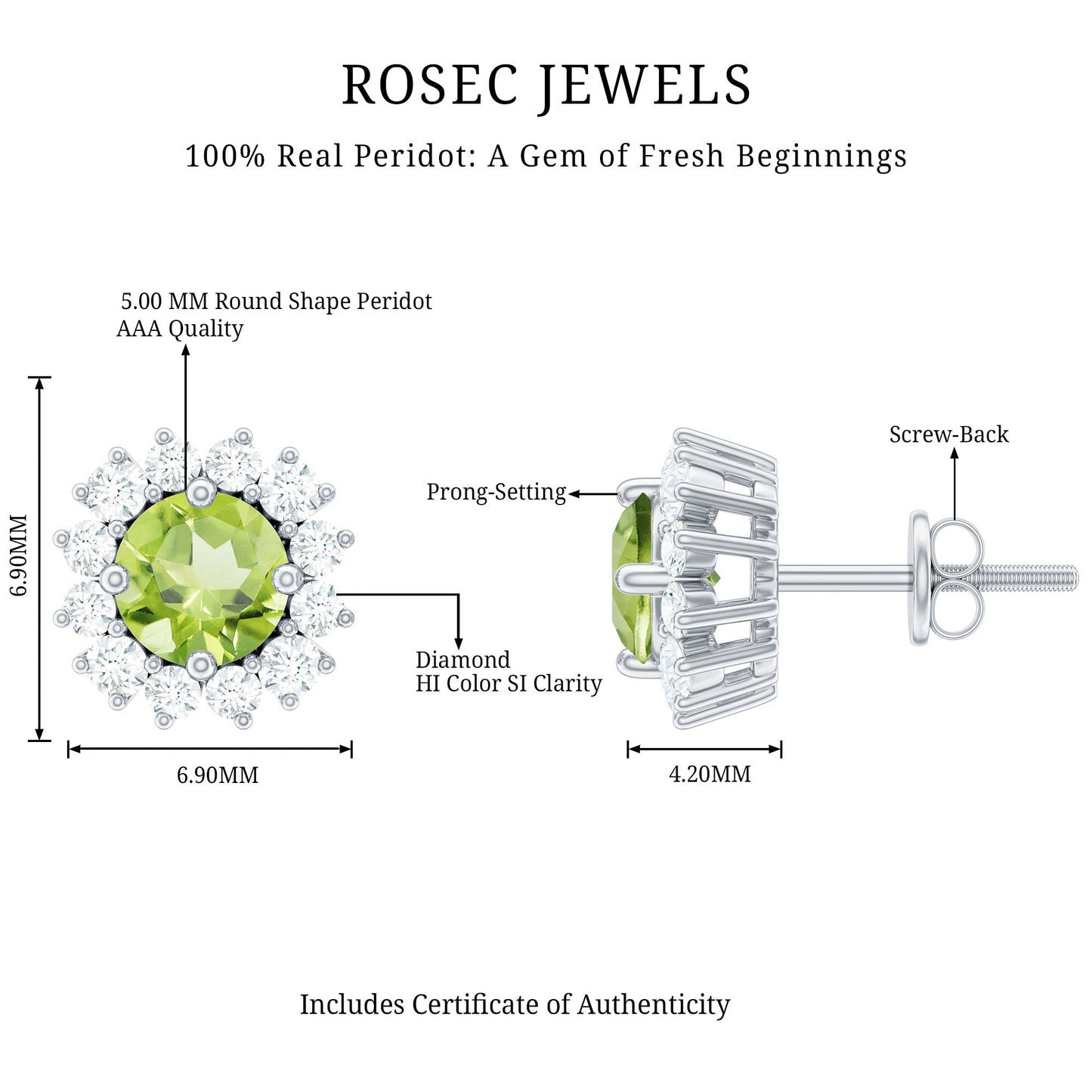 Natural 1 Carat Peridot Earrings with Diamond Halo for Women