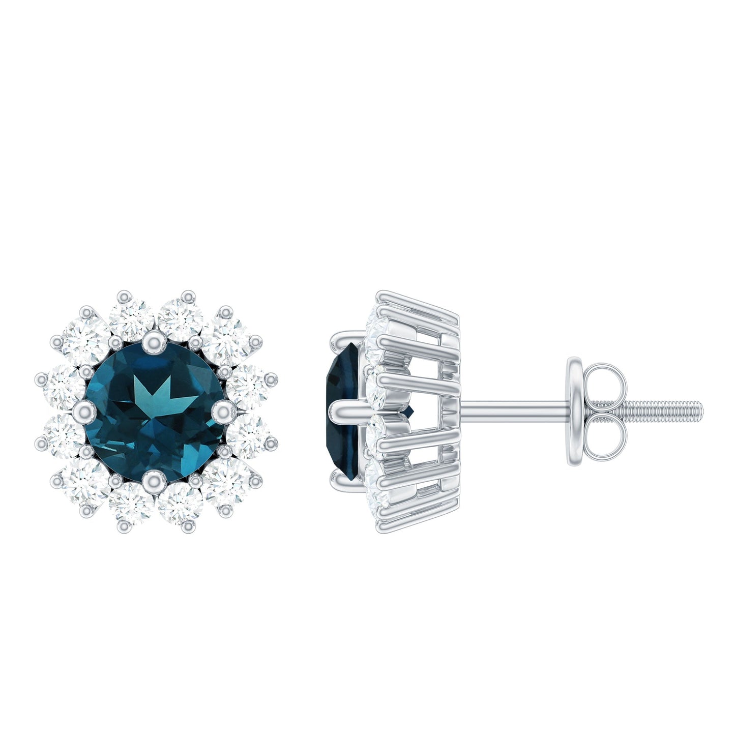 Real London Blue Topaz and Diamond Halo Stud Earrings