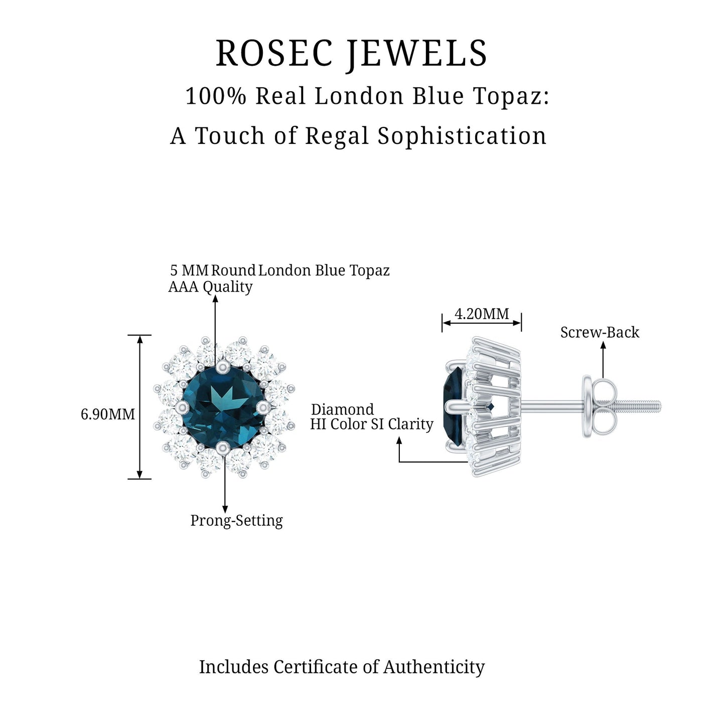 Real London Blue Topaz and Diamond Halo Stud Earrings