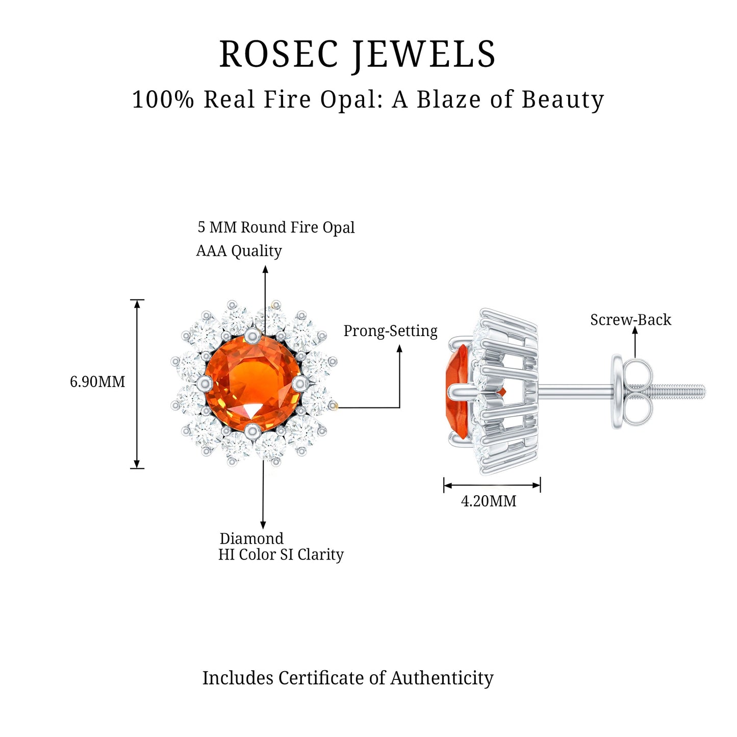 Natural Fire Opal Stud Earrings with Diamond Halo