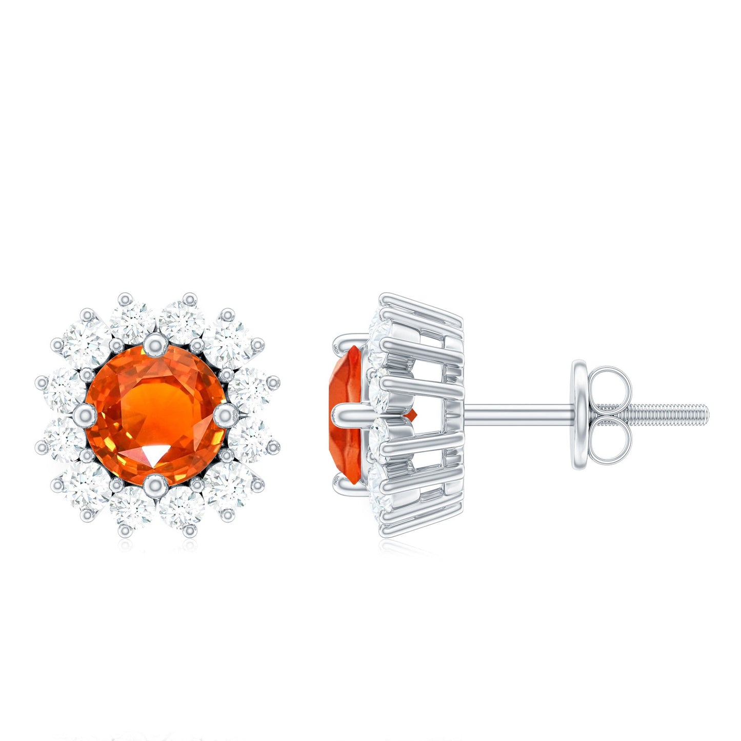 Natural Fire Opal Stud Earrings with Diamond Halo